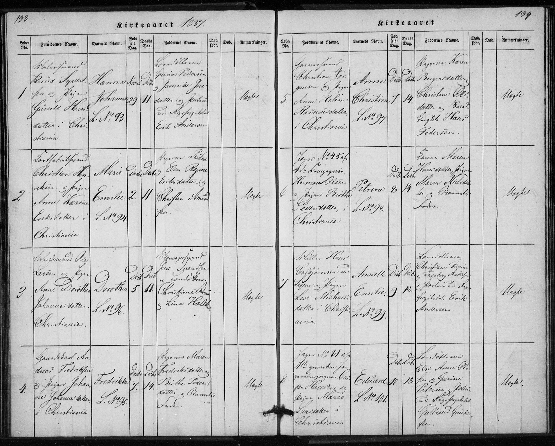 Rikshospitalet prestekontor Kirkebøker, SAO/A-10309b/K/L0001/0001: Baptism register no. 1.1, 1834-1842, p. 138-139