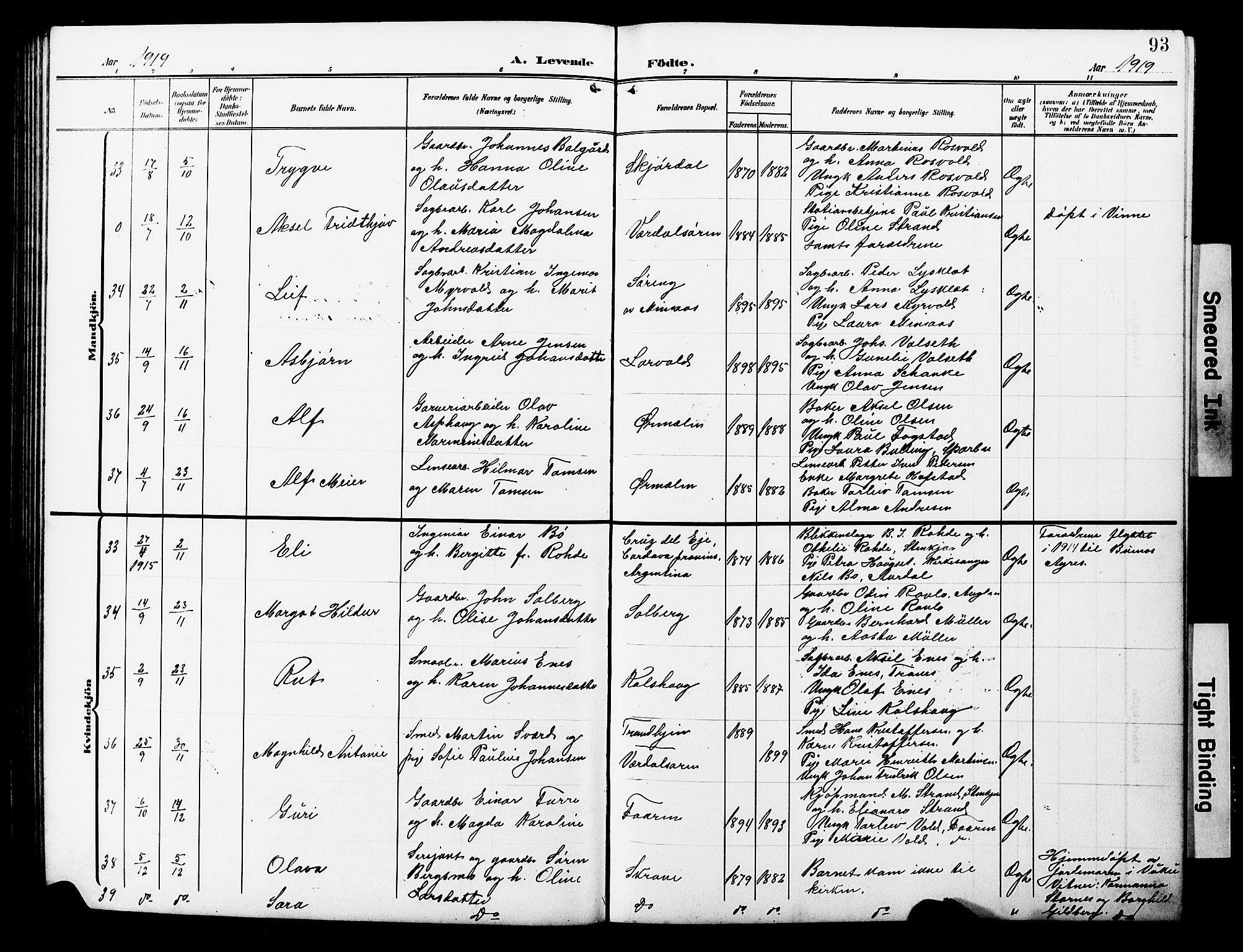 Ministerialprotokoller, klokkerbøker og fødselsregistre - Nord-Trøndelag, AV/SAT-A-1458/723/L0258: Parish register (copy) no. 723C06, 1908-1927, p. 93