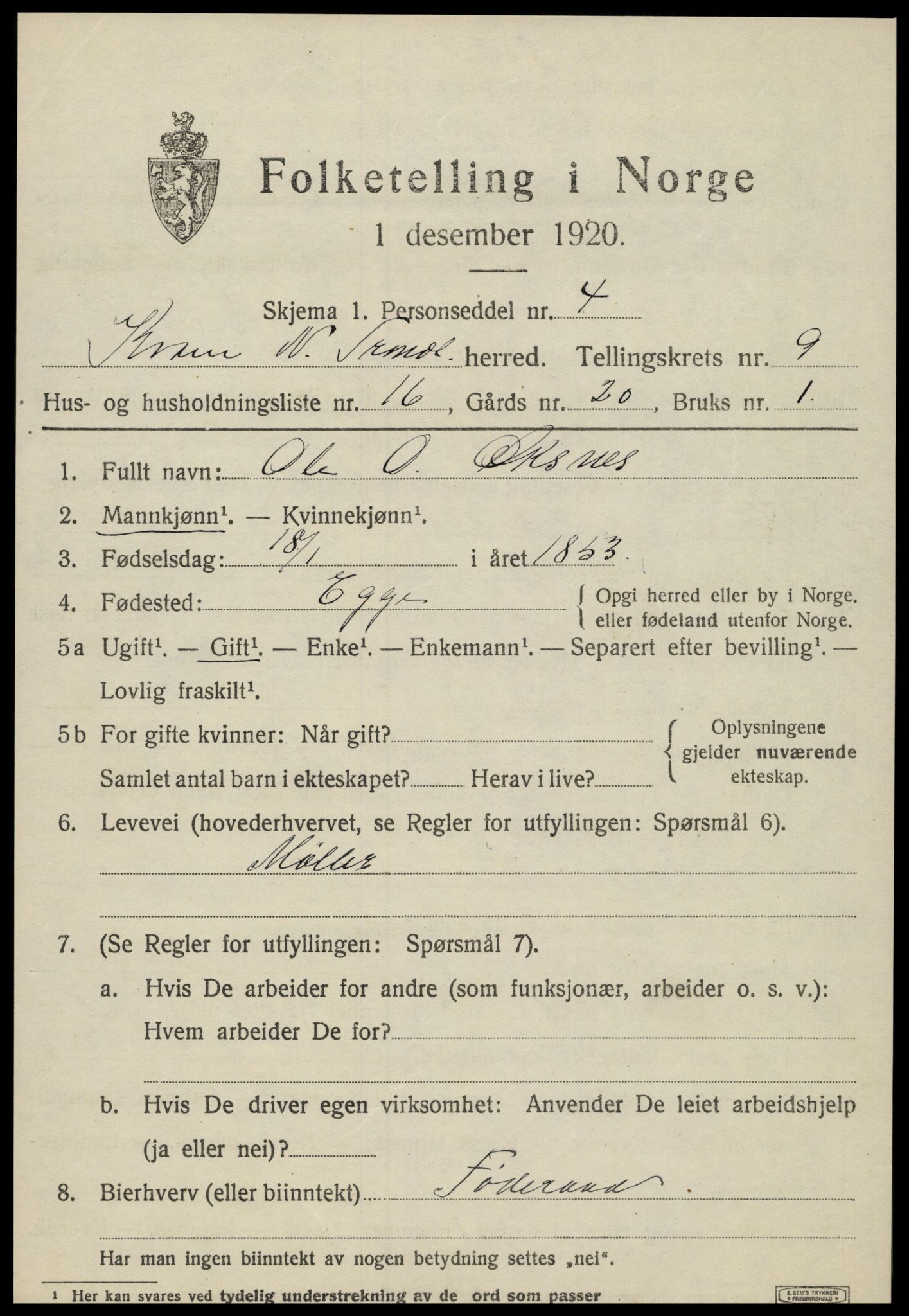 SAT, 1920 census for Kvam, 1920, p. 2507