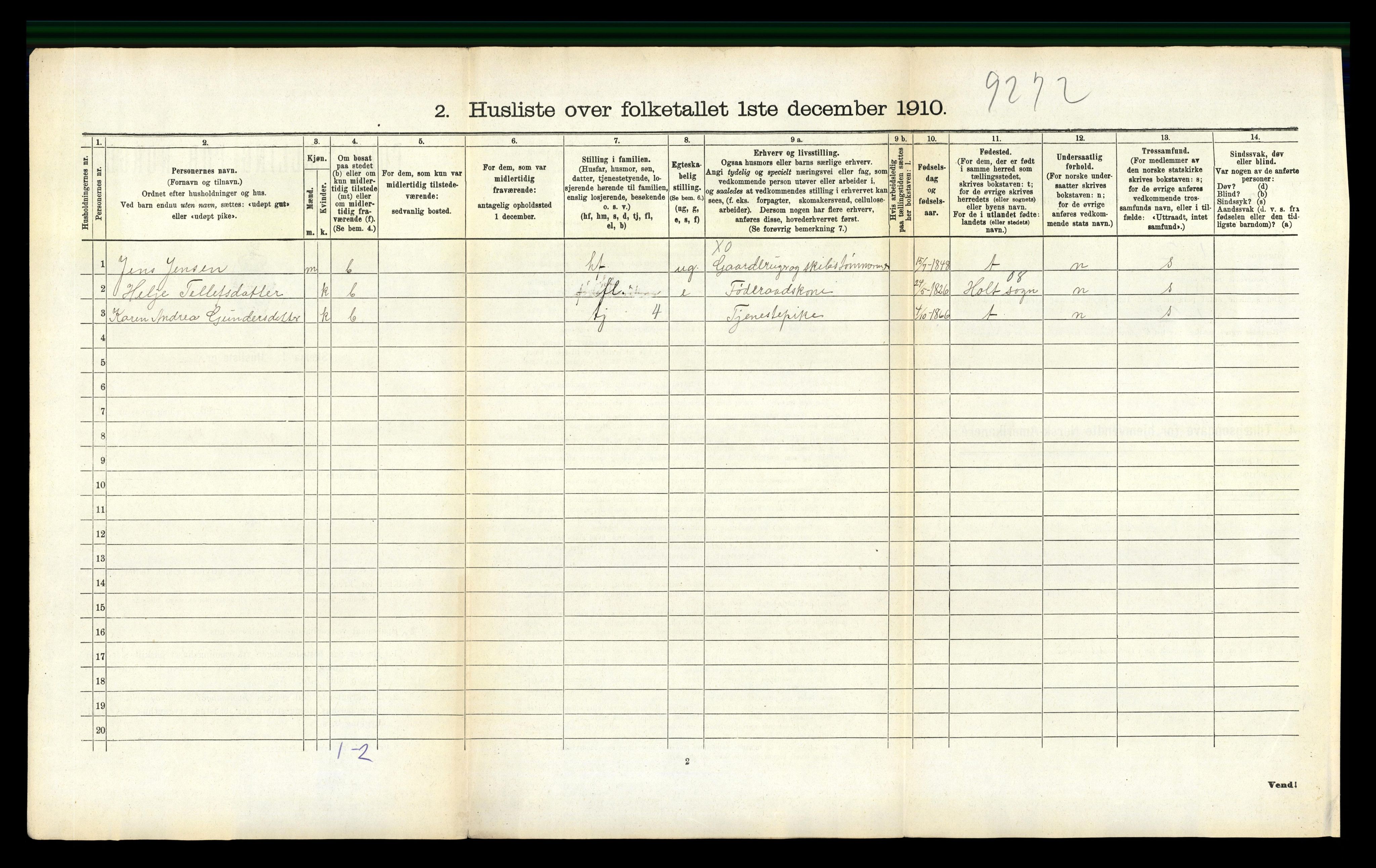 RA, 1910 census for Austre Moland, 1910, p. 289