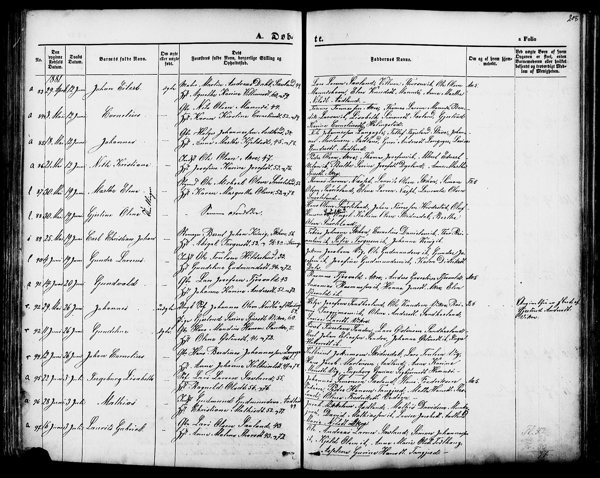Skudenes sokneprestkontor, SAST/A -101849/H/Ha/Haa/L0006: Parish register (official) no. A 4, 1864-1881, p. 208