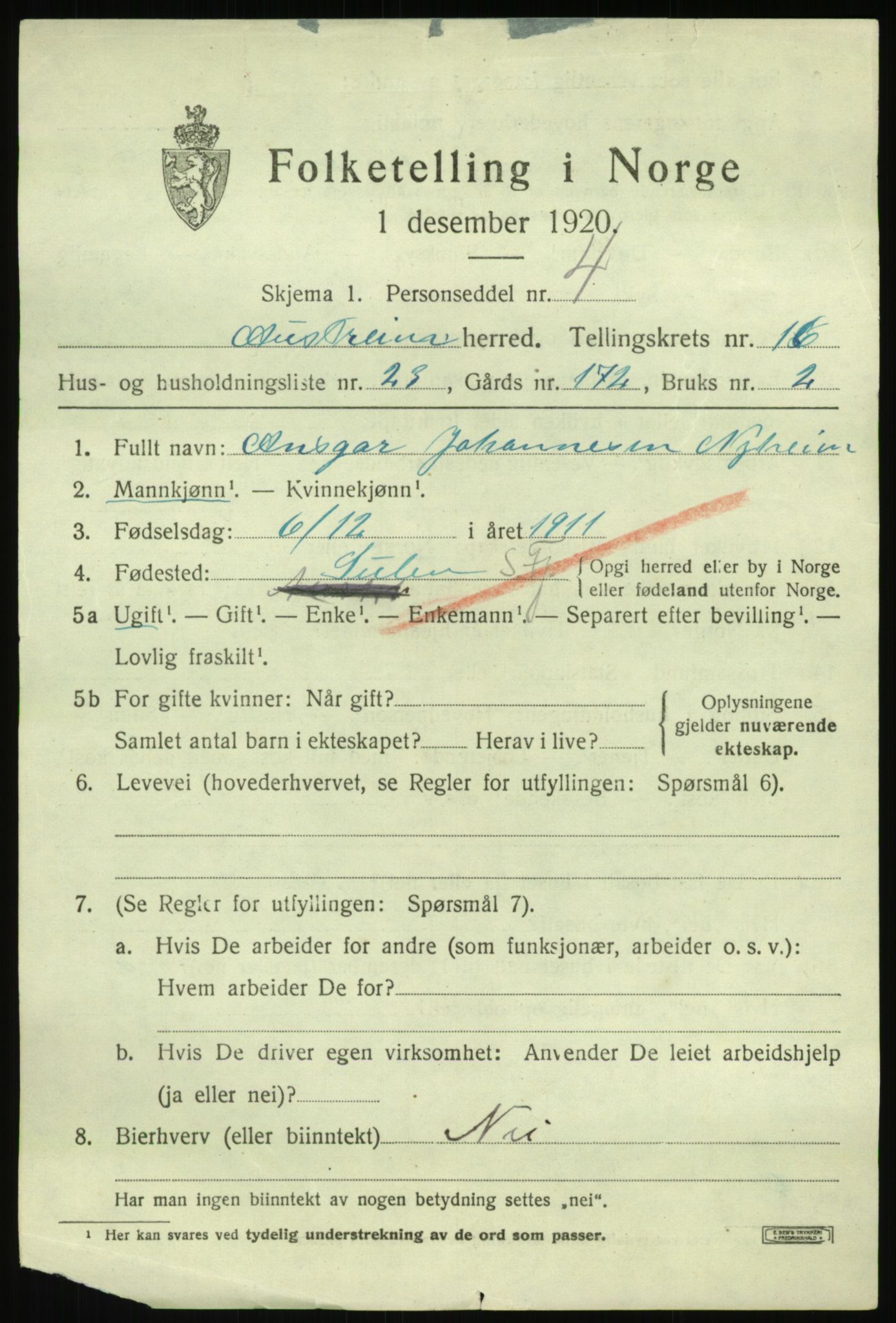 SAB, 1920 census for Austrheim, 1920, p. 5410