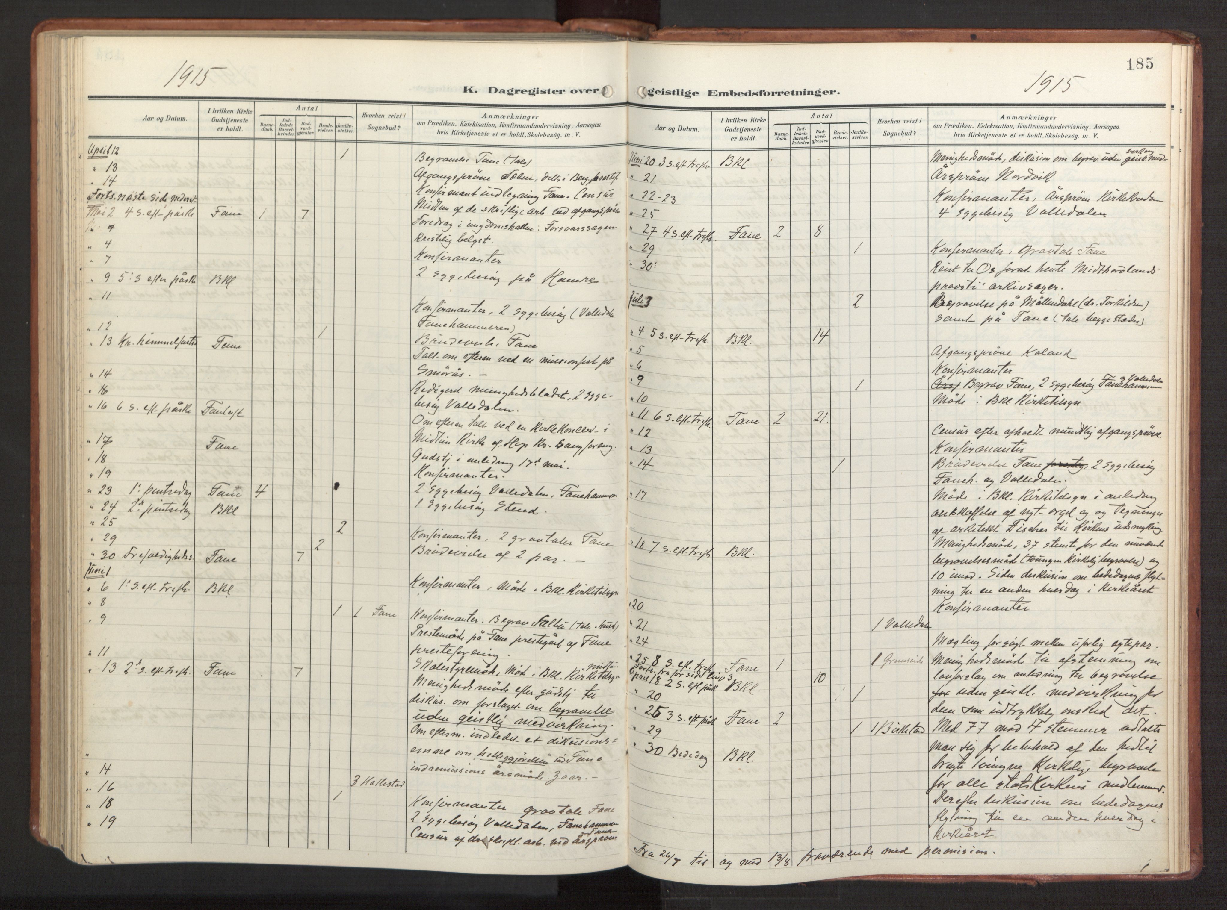 Fana Sokneprestembete, AV/SAB-A-75101/H/Haa/Haab/L0004: Parish register (official) no. B 4, 1908-1915, p. 185