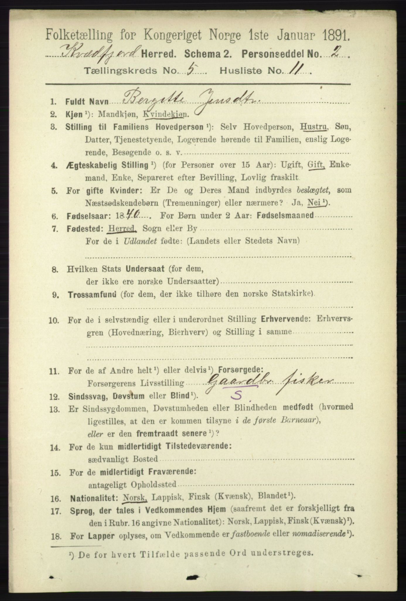 RA, 1891 census for 1911 Kvæfjord, 1891, p. 2923