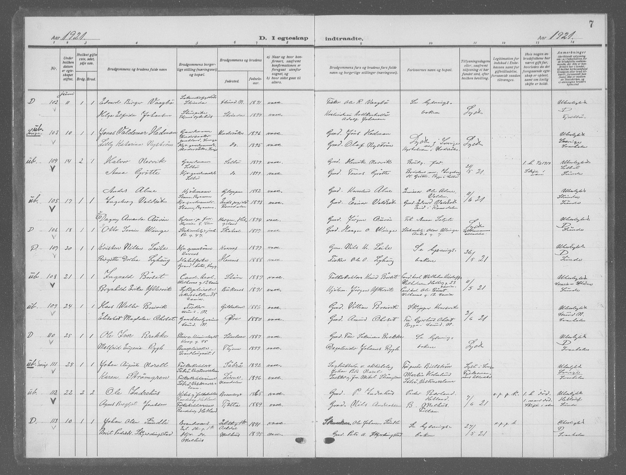 Ministerialprotokoller, klokkerbøker og fødselsregistre - Sør-Trøndelag, AV/SAT-A-1456/601/L0098: Parish register (copy) no. 601C16, 1921-1934, p. 7