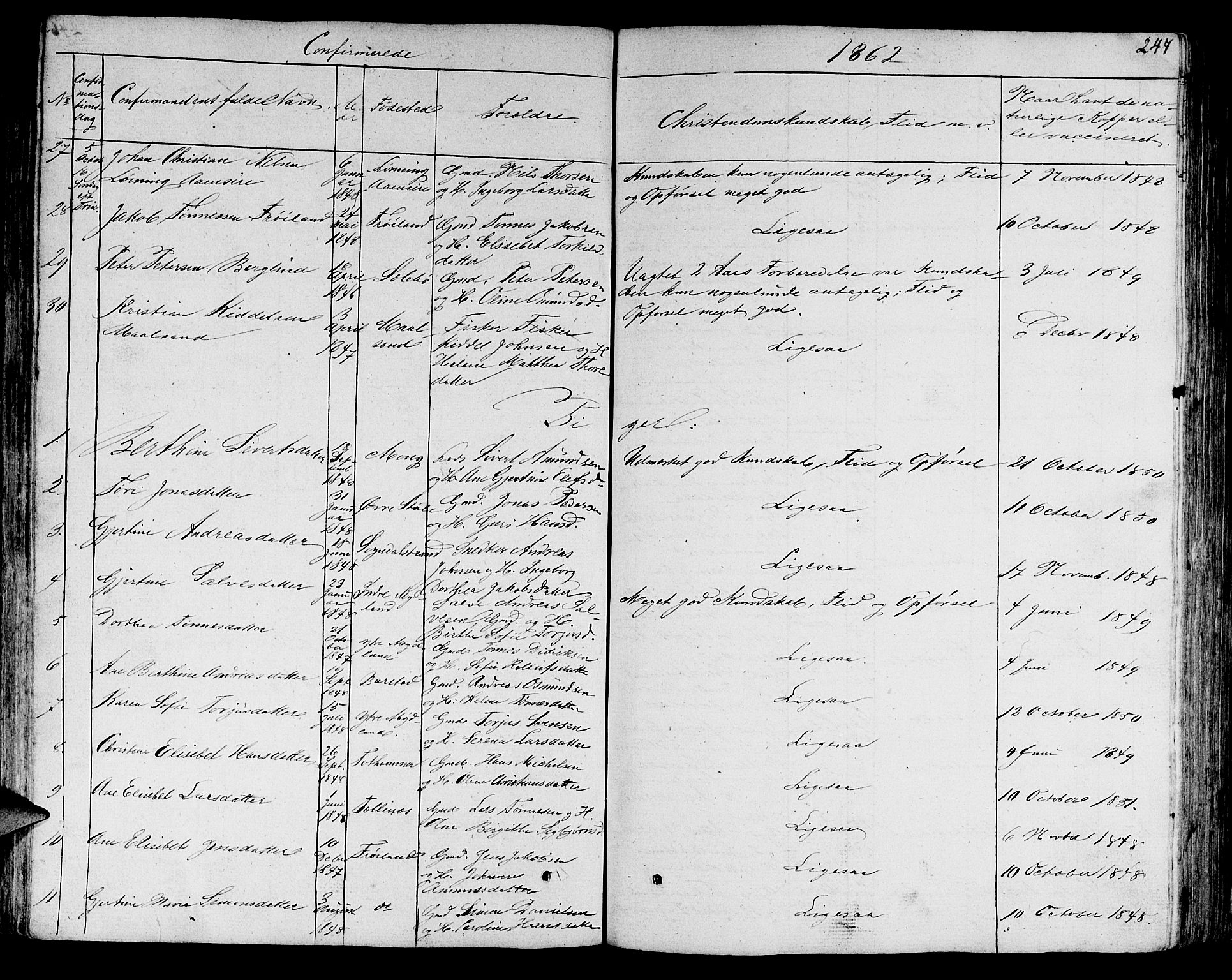 Sokndal sokneprestkontor, AV/SAST-A-101808: Parish register (copy) no. B 2, 1849-1865, p. 247