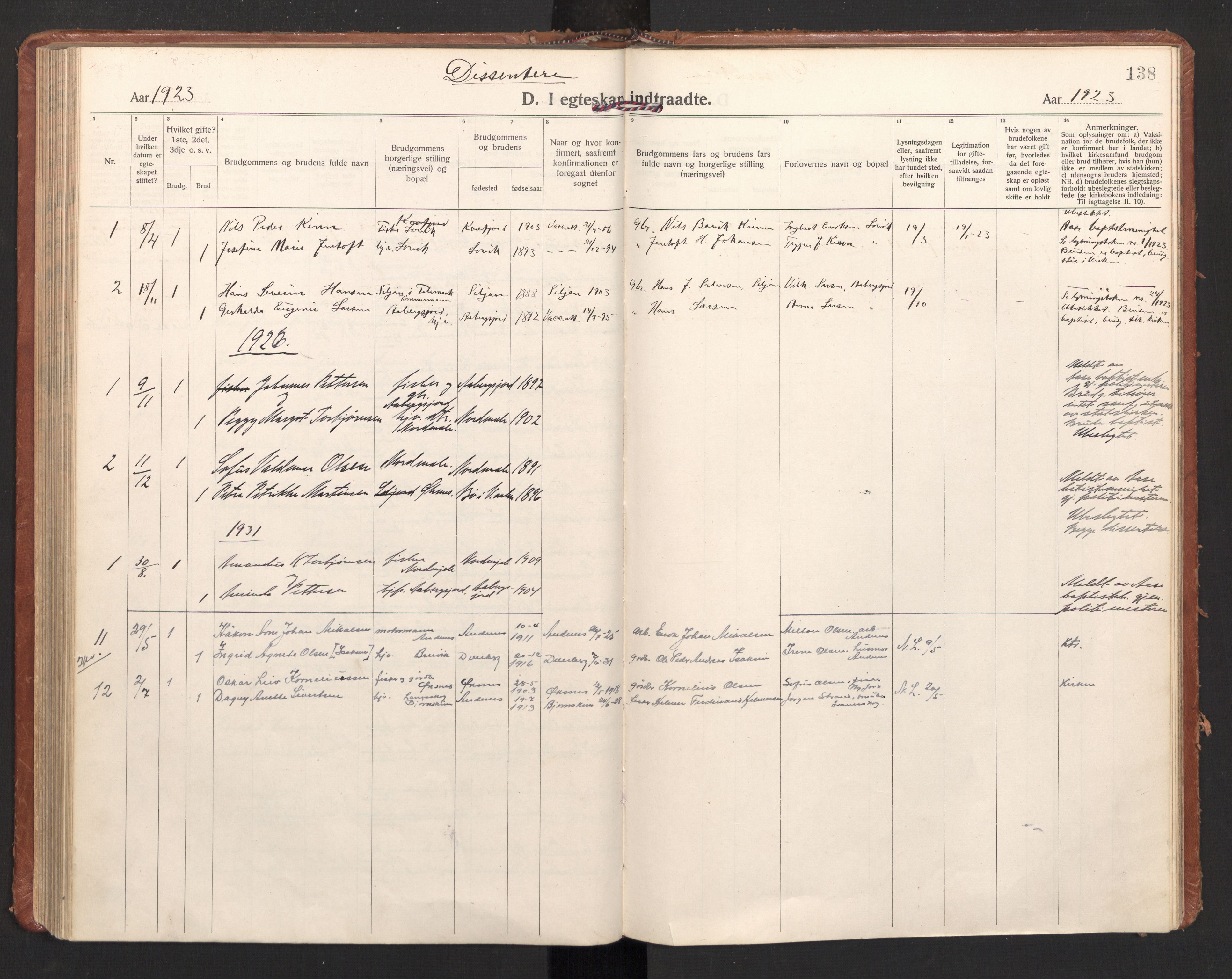 Ministerialprotokoller, klokkerbøker og fødselsregistre - Nordland, SAT/A-1459/897/L1408: Parish register (official) no. 897A15, 1922-1938, p. 138