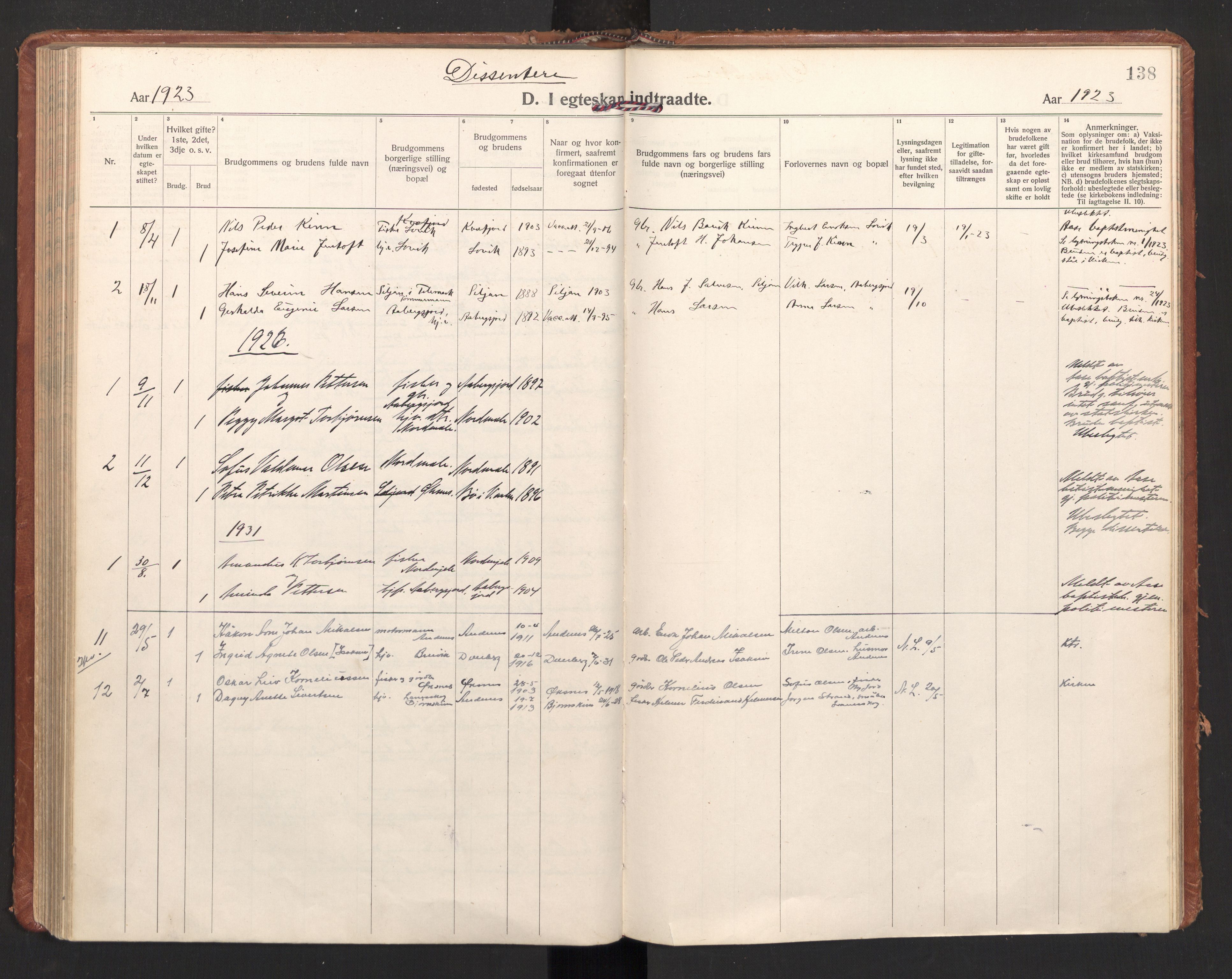 Ministerialprotokoller, klokkerbøker og fødselsregistre - Nordland, AV/SAT-A-1459/897/L1408: Parish register (official) no. 897A15, 1922-1938, p. 138