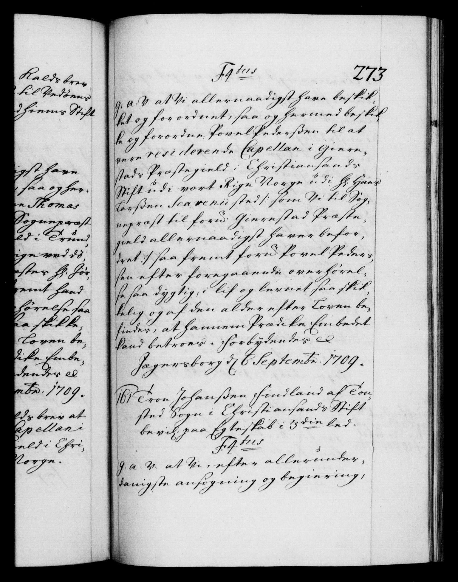 Danske Kanselli 1572-1799, RA/EA-3023/F/Fc/Fca/Fcaa/L0020: Norske registre, 1708-1711, p. 273a