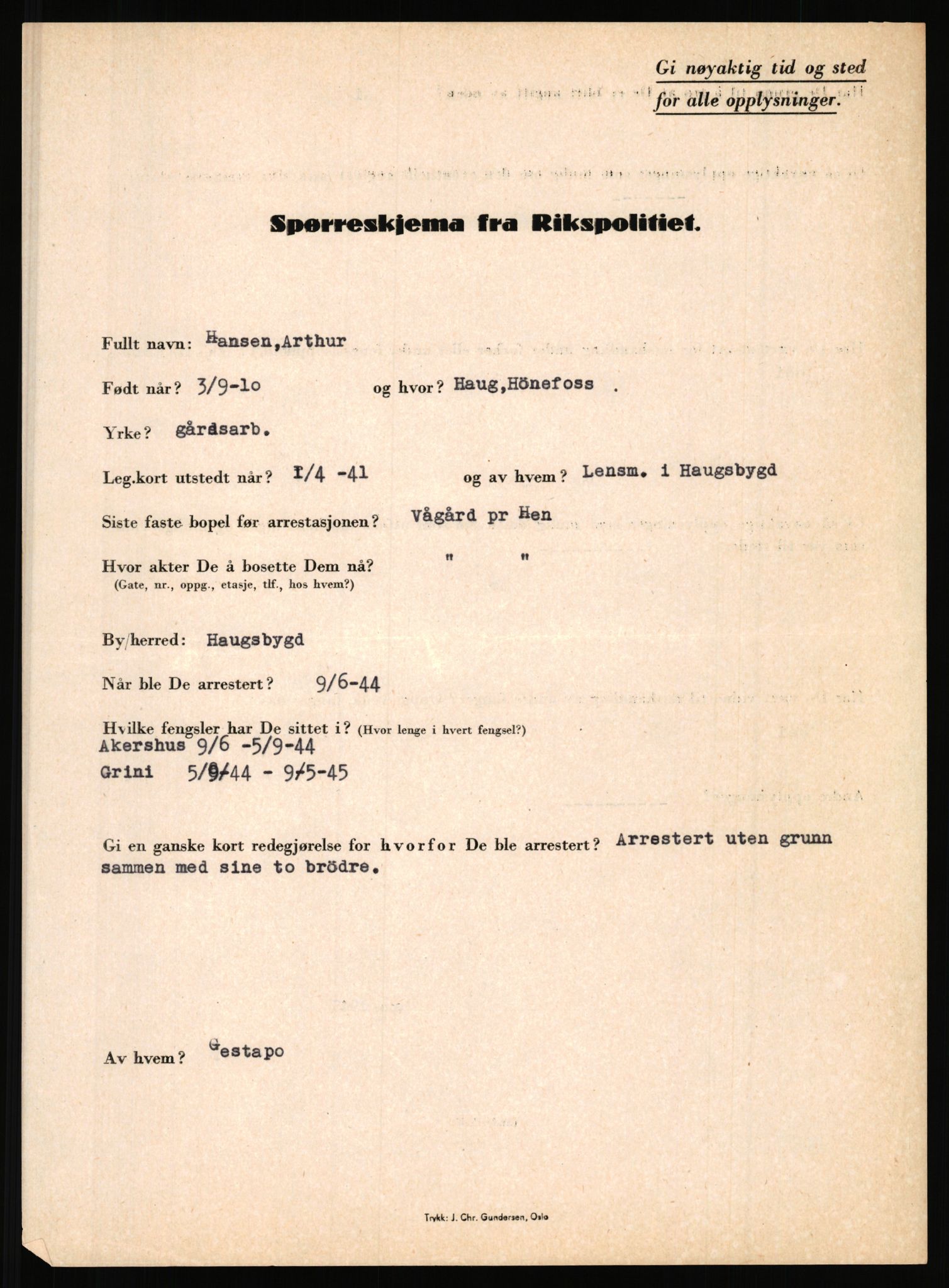 Rikspolitisjefen, AV/RA-S-1560/L/L0006: Hansen, Adolf Boye - Hemstad, Gunnar, 1940-1945, p. 43
