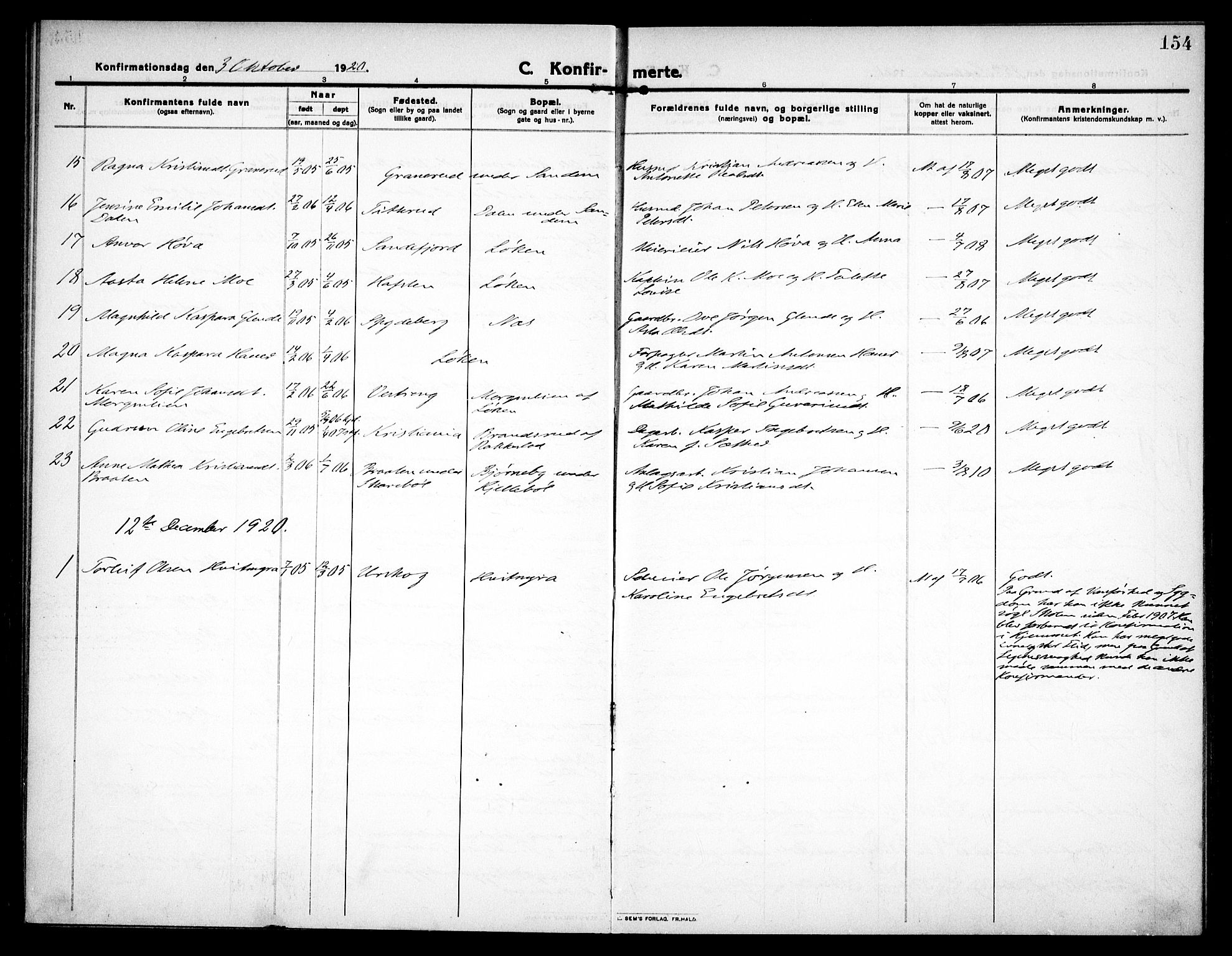 Høland prestekontor Kirkebøker, SAO/A-10346a/F/Fa/L0016: Parish register (official) no. I 16, 1912-1921, p. 154