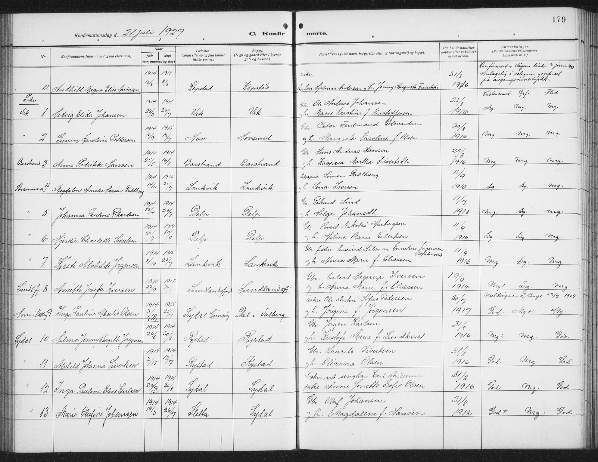 Ministerialprotokoller, klokkerbøker og fødselsregistre - Nordland, SAT/A-1459/876/L1106: Parish register (copy) no. 876C05, 1915-1942, p. 179