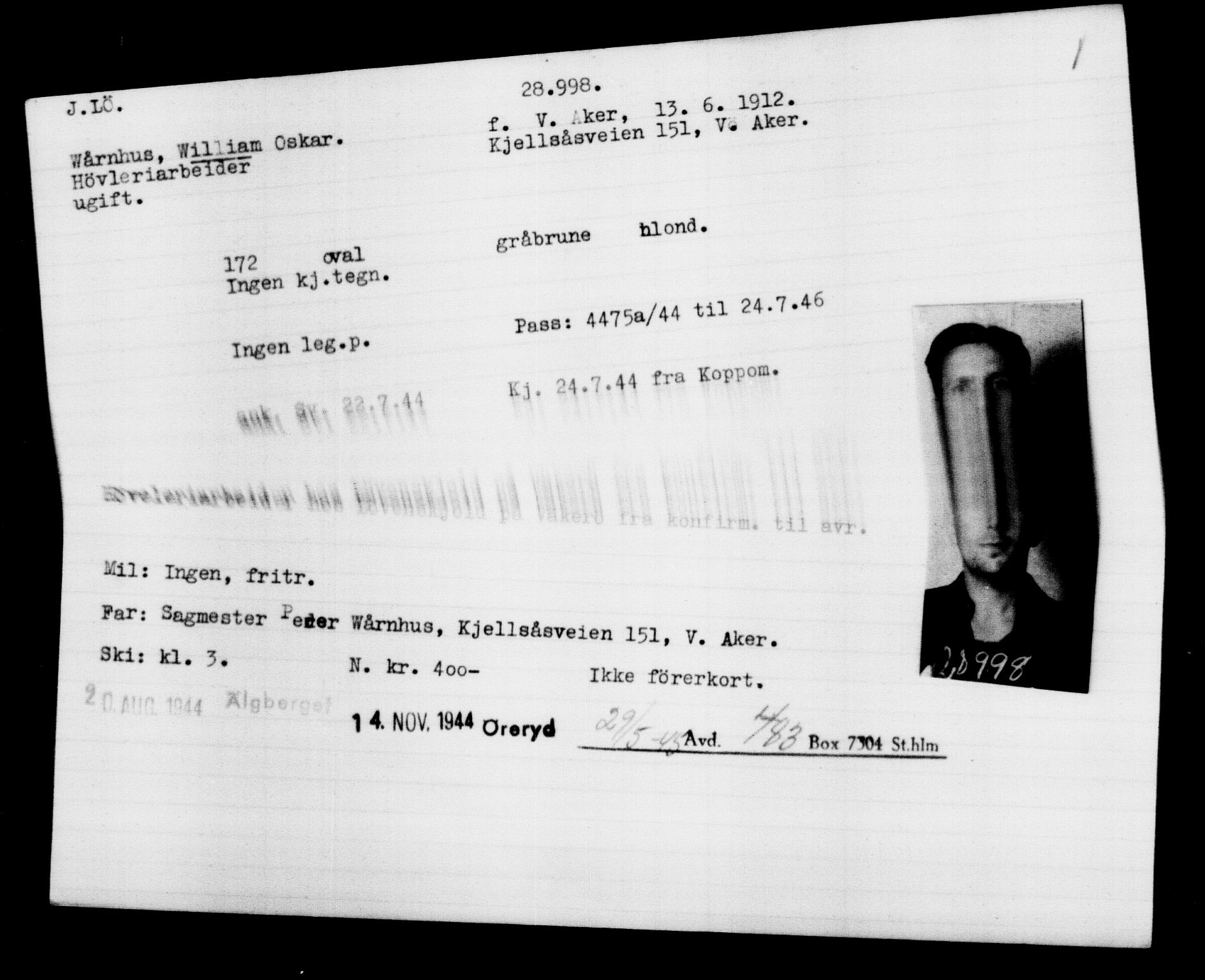 Utenriksstasjonene, Legasjonen i Stockholm, Flyktningkontoret, AV/RA-S-6753/V/Va/L0012: Kjesäterkartoteket, flyktninger med registreringsnr. 28300-31566, 1940-1945, p. 751