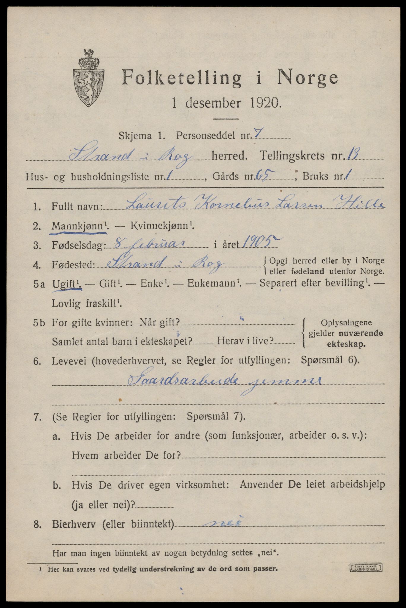 SAST, 1920 census for Strand, 1920, p. 7523