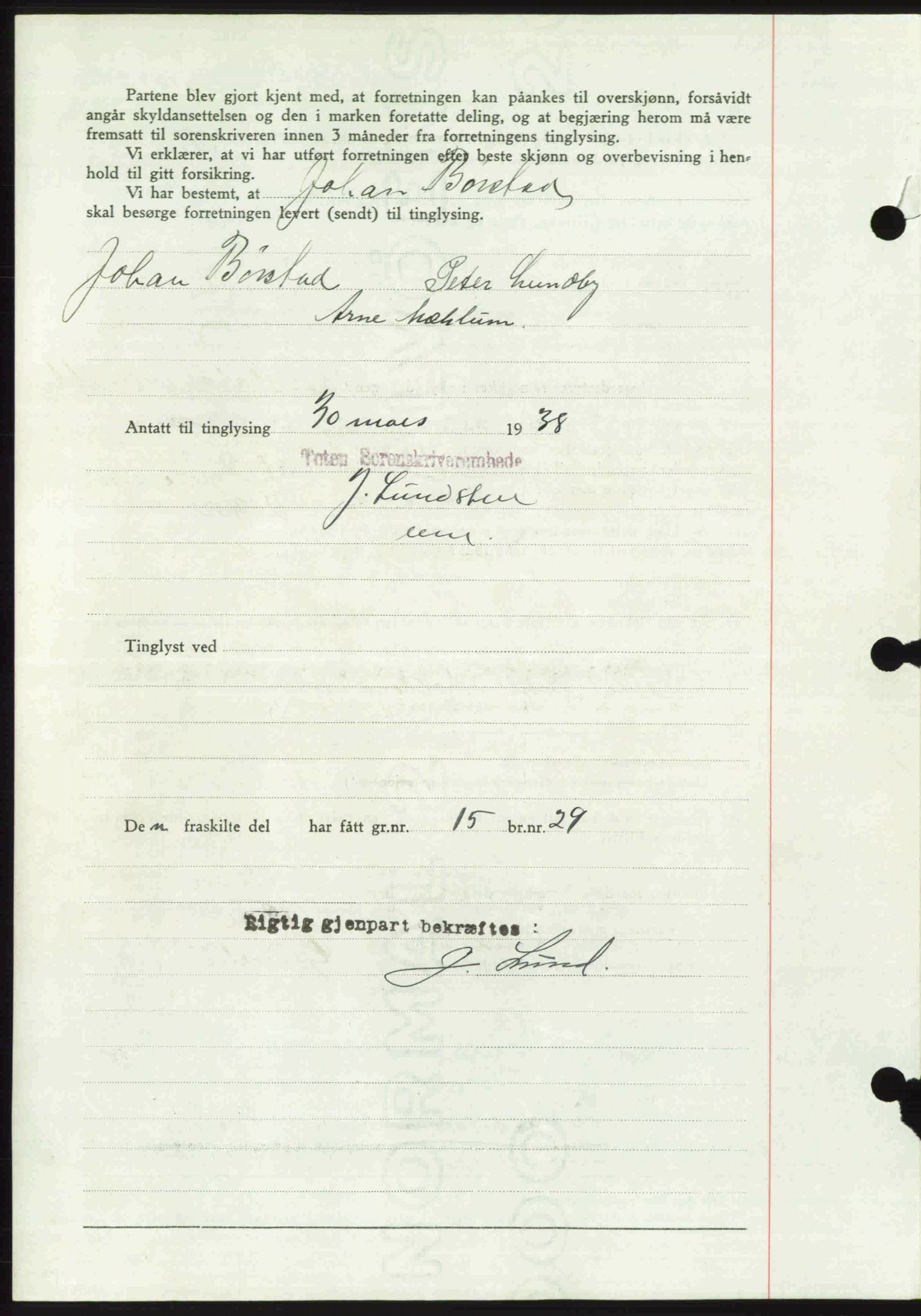 Toten tingrett, SAH/TING-006/H/Hb/Hbc/L0003: Mortgage book no. Hbc-03, 1937-1938, Diary no: : 560/1938