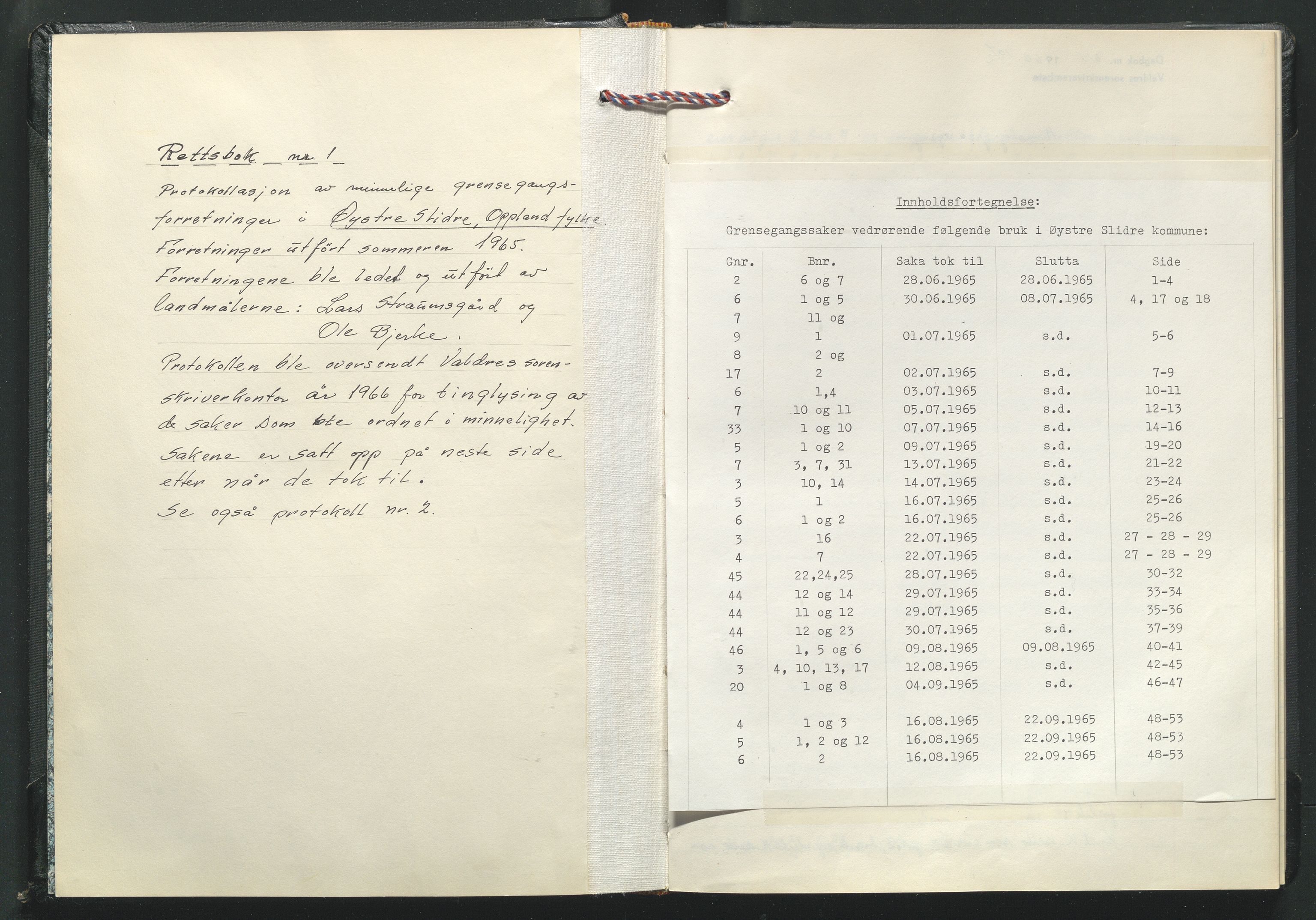 Valdres jordskifterett, AV/SAH-JORDSKIFTEO-003/G/Gb/L0001/0001: Rettsbøker - minnelige grensegangsforretninger i Øystre Slidre / Rettsbok - protokoll nr. 1, 1965