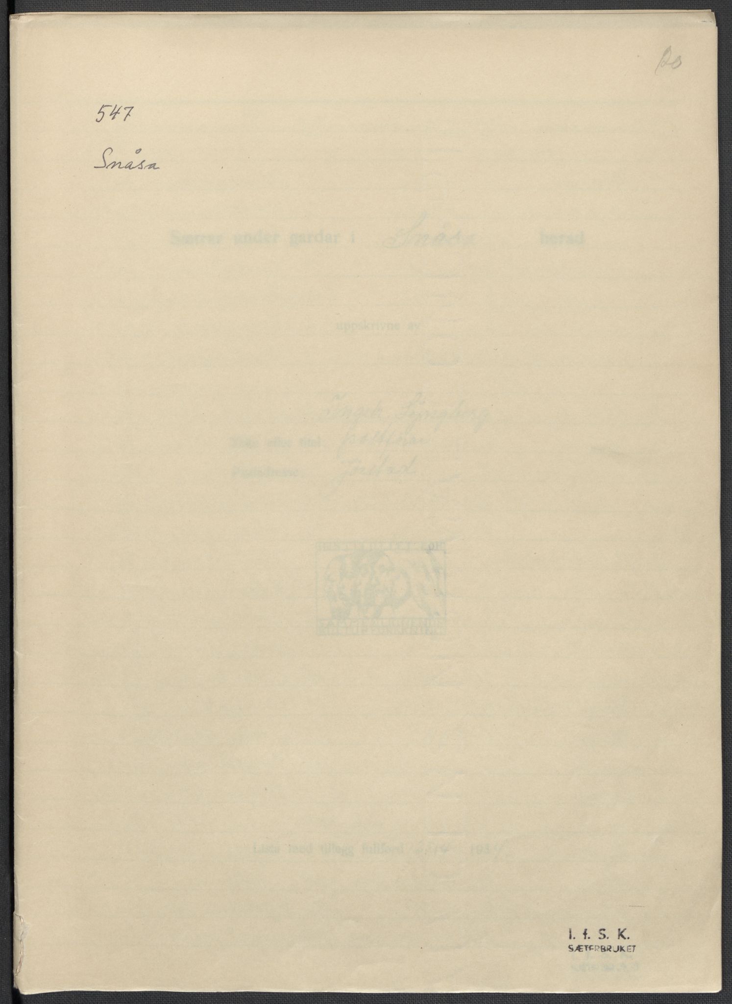 Instituttet for sammenlignende kulturforskning, RA/PA-0424/F/Fc/L0015/0003: Eske B15: / Nord-Trøndelag (perm XLIV-XLV), 1933-1939, p. 20