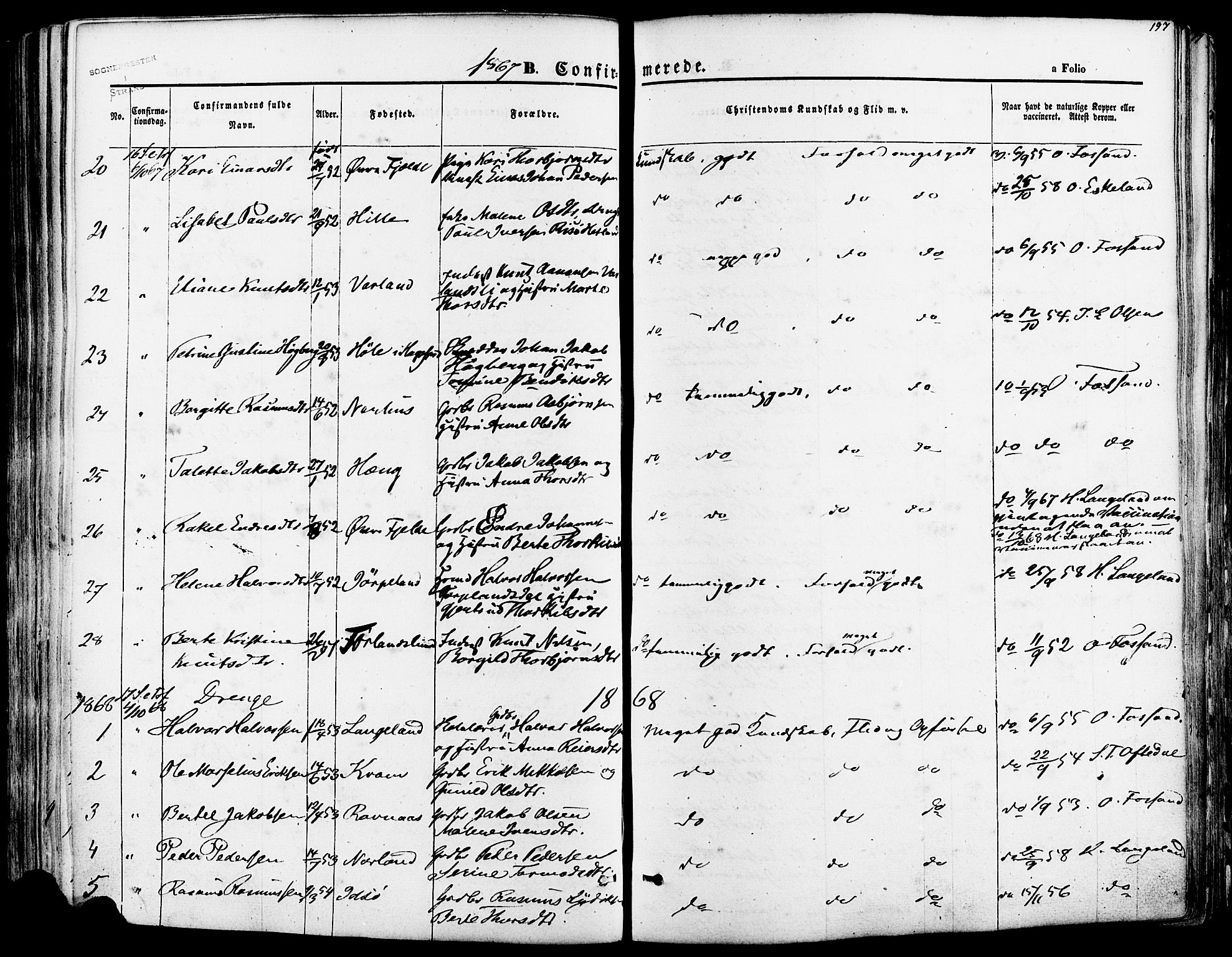 Strand sokneprestkontor, AV/SAST-A-101828/H/Ha/Haa/L0007: Parish register (official) no. A 7, 1855-1881, p. 197