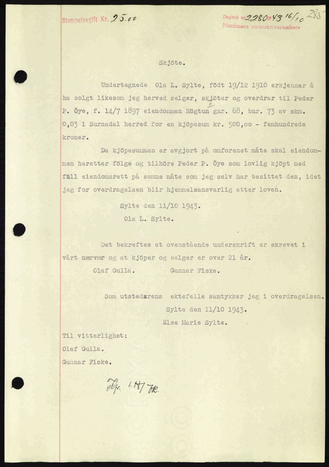 Nordmøre sorenskriveri, SAT/A-4132/1/2/2Ca: Mortgage book no. A96, 1943-1944, Diary no: : 2280/1943