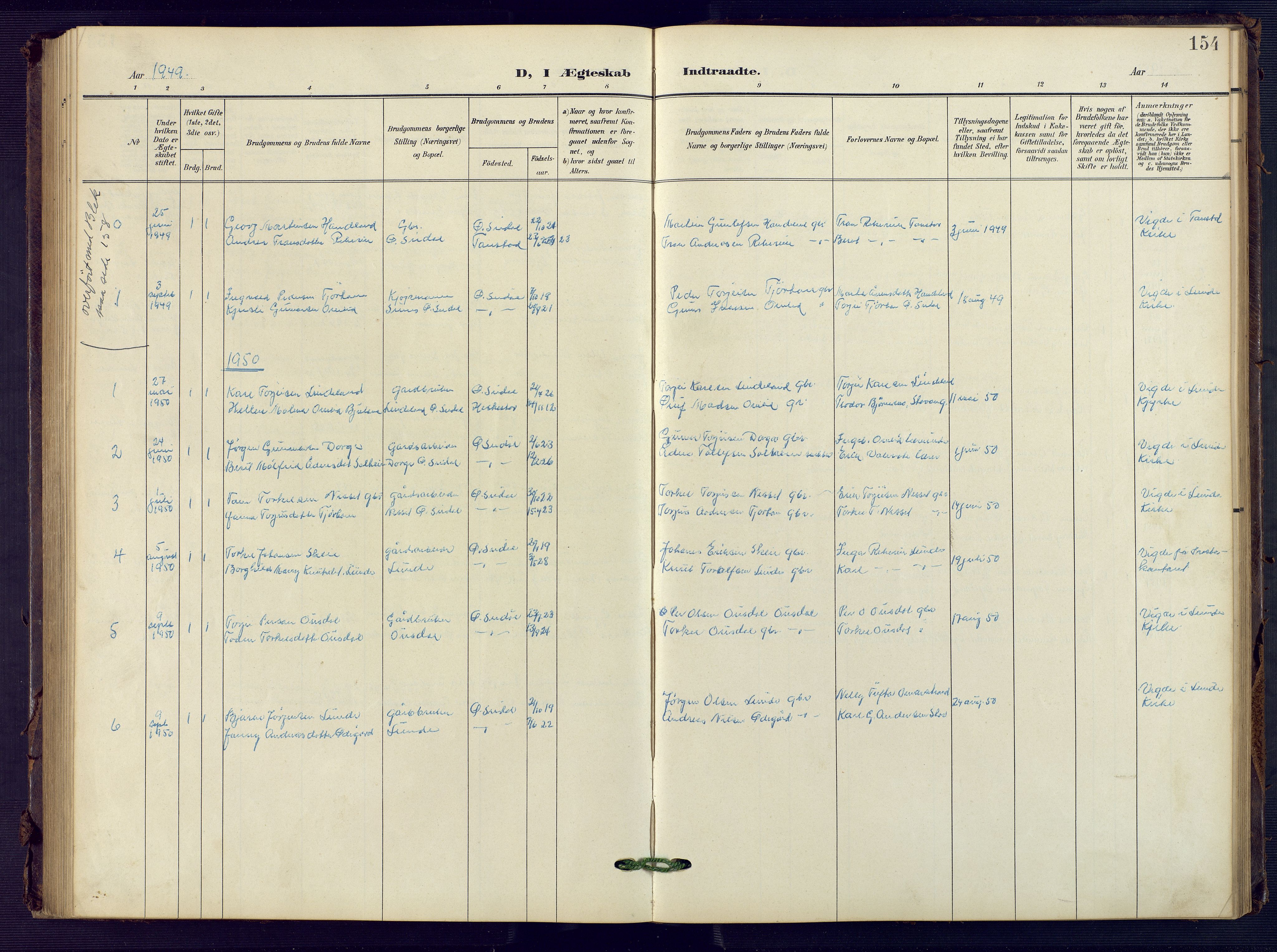 Sirdal sokneprestkontor, AV/SAK-1111-0036/F/Fb/Fba/L0002: Parish register (copy) no. B 2, 1905-1958, p. 154