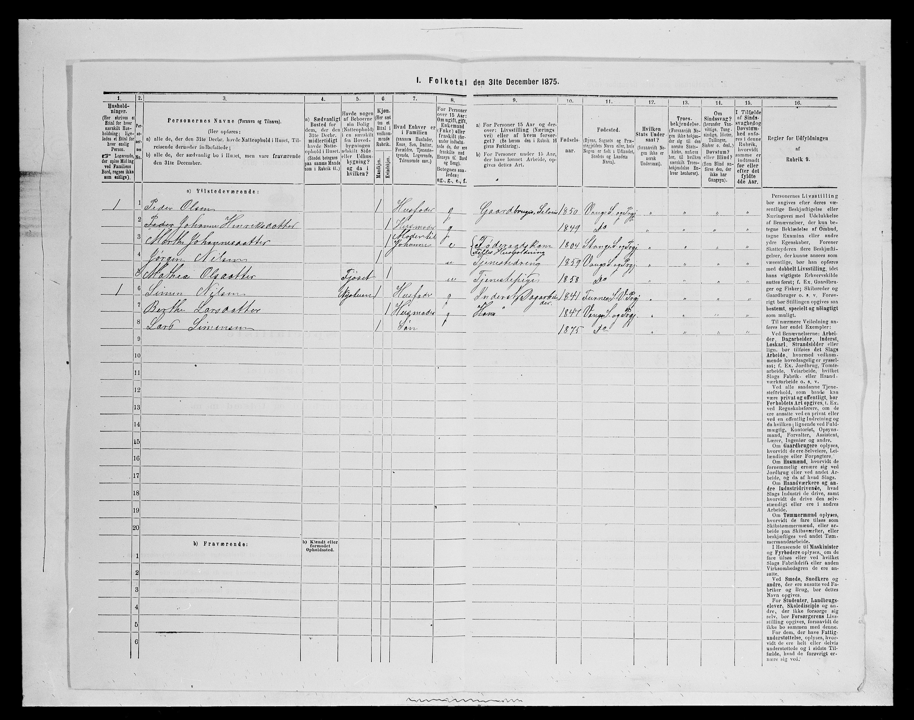 SAH, 1875 census for 0414L Vang/Vang og Furnes, 1875, p. 2164