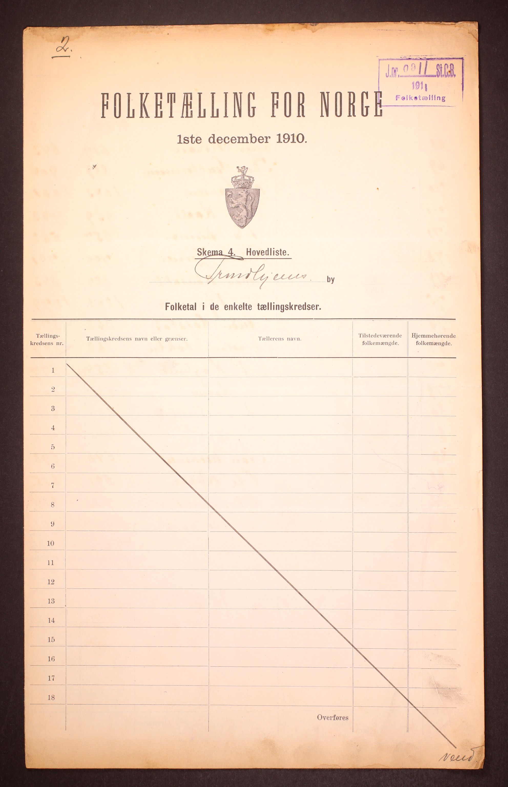 RA, 1910 census for Trondheim, 1910, p. 3