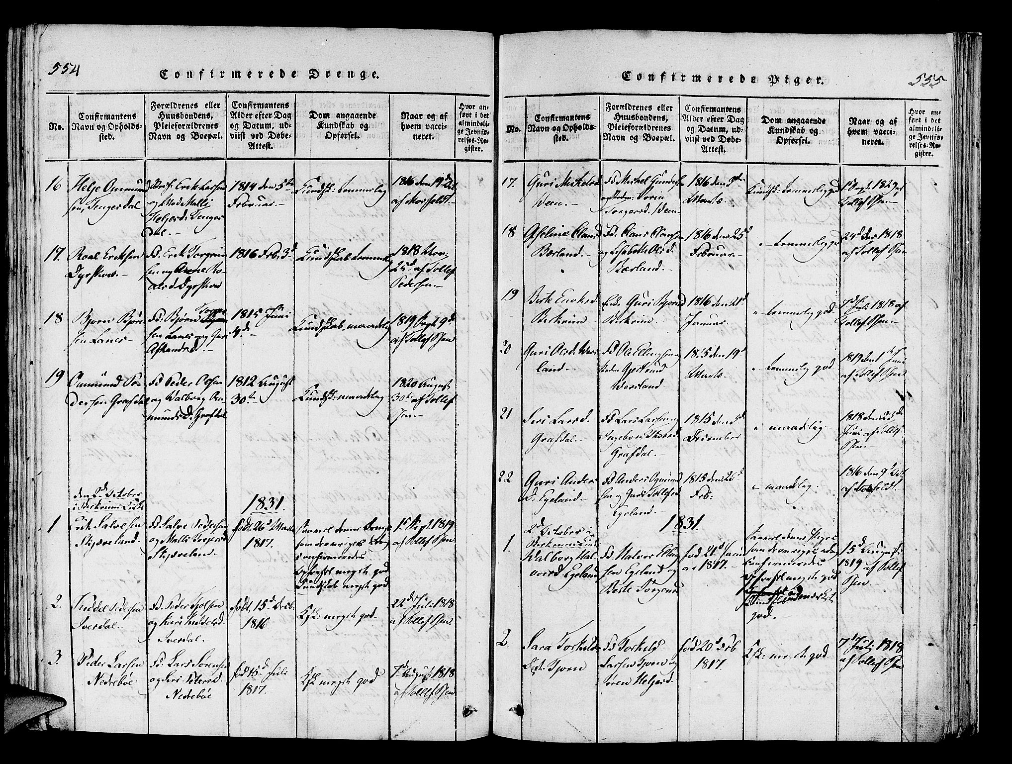 Helleland sokneprestkontor, SAST/A-101810: Parish register (official) no. A 5, 1815-1834, p. 554-555