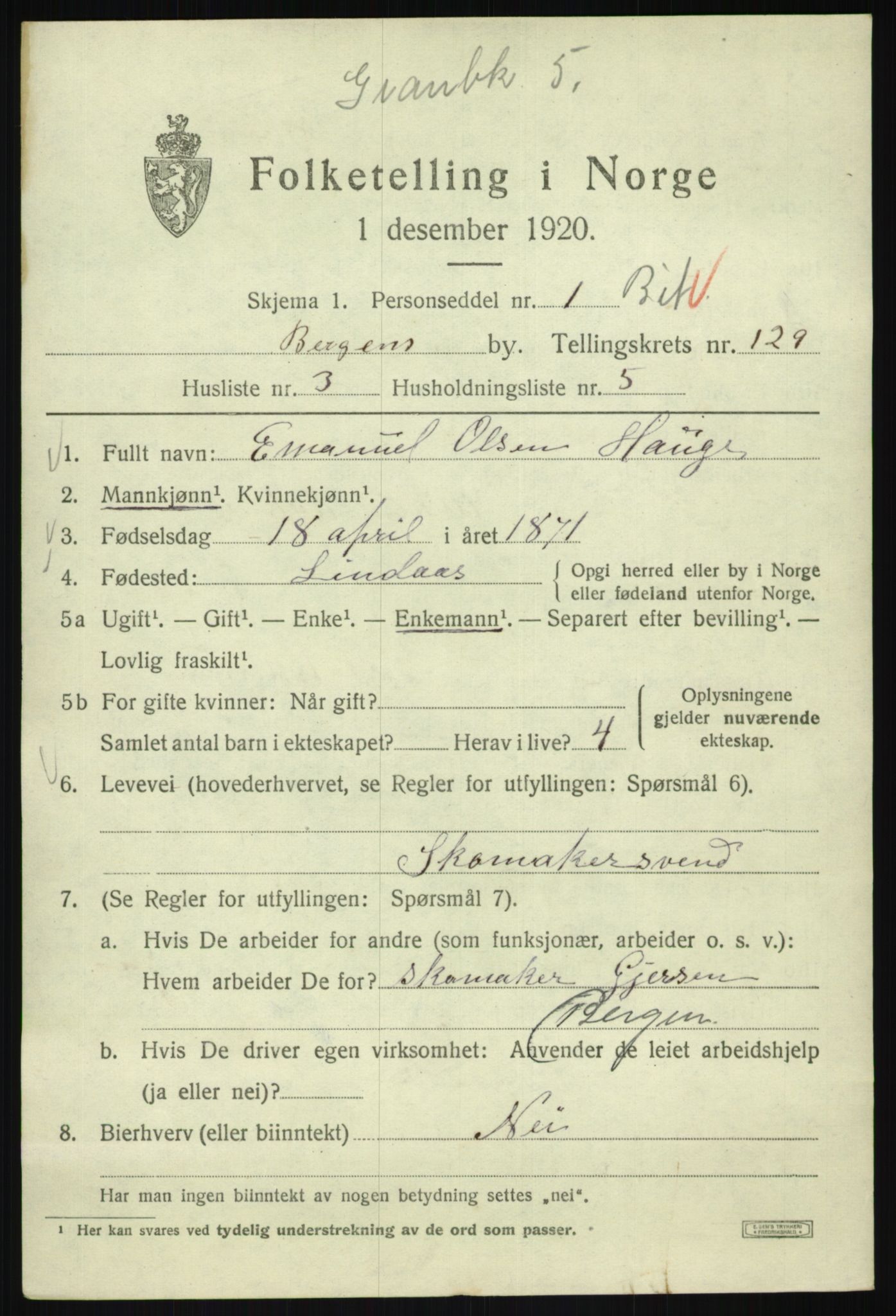 SAB, 1920 census for Bergen, 1920, p. 217762