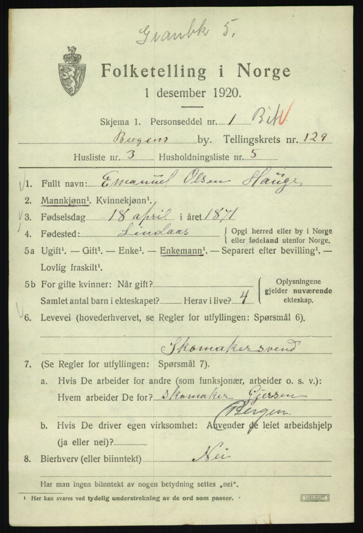 SAB, 1920 census for Bergen, 1920, p. 217762