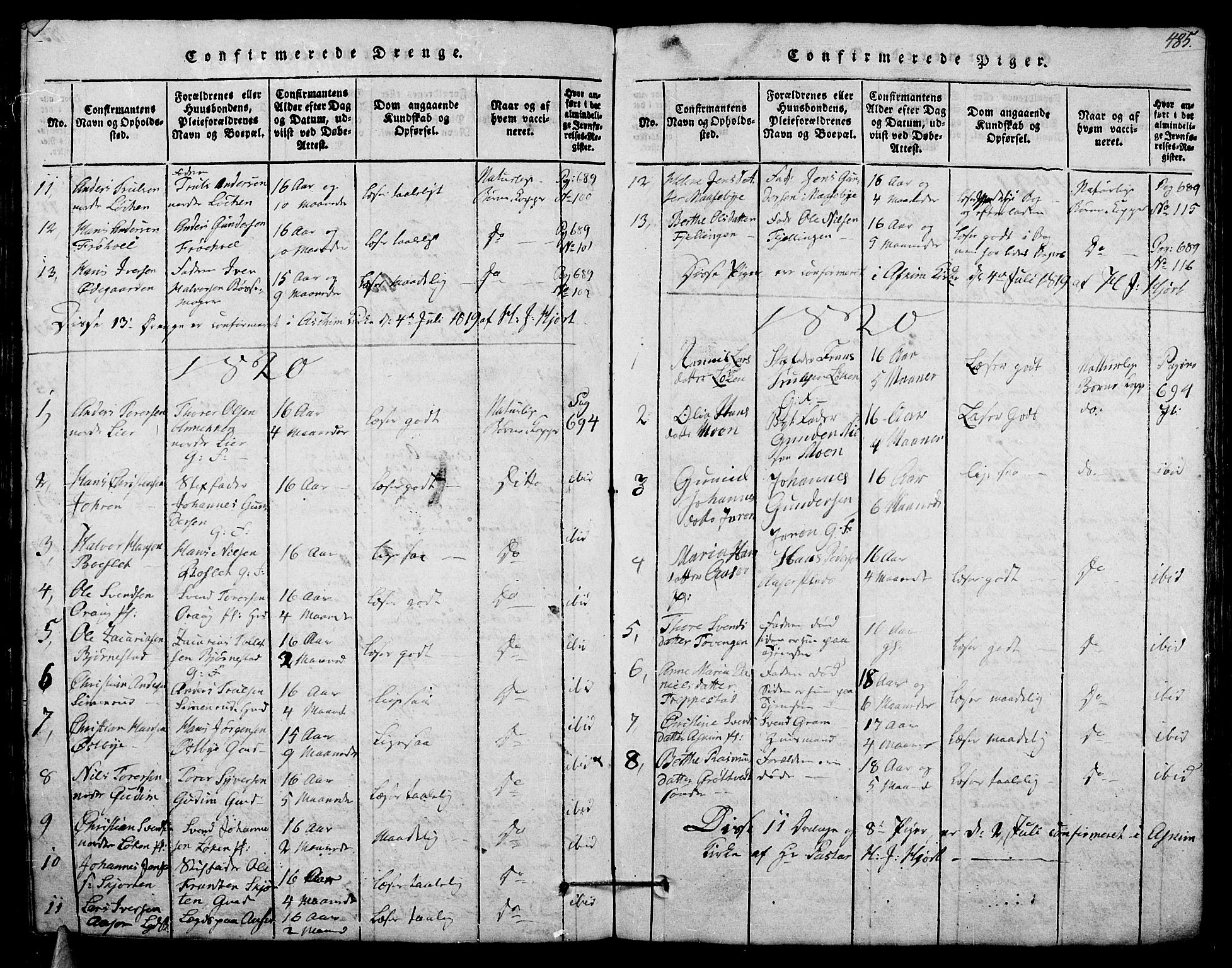 Askim prestekontor Kirkebøker, AV/SAO-A-10900/G/Ga/L0001: Parish register (copy) no. 1, 1817-1846, p. 484-485