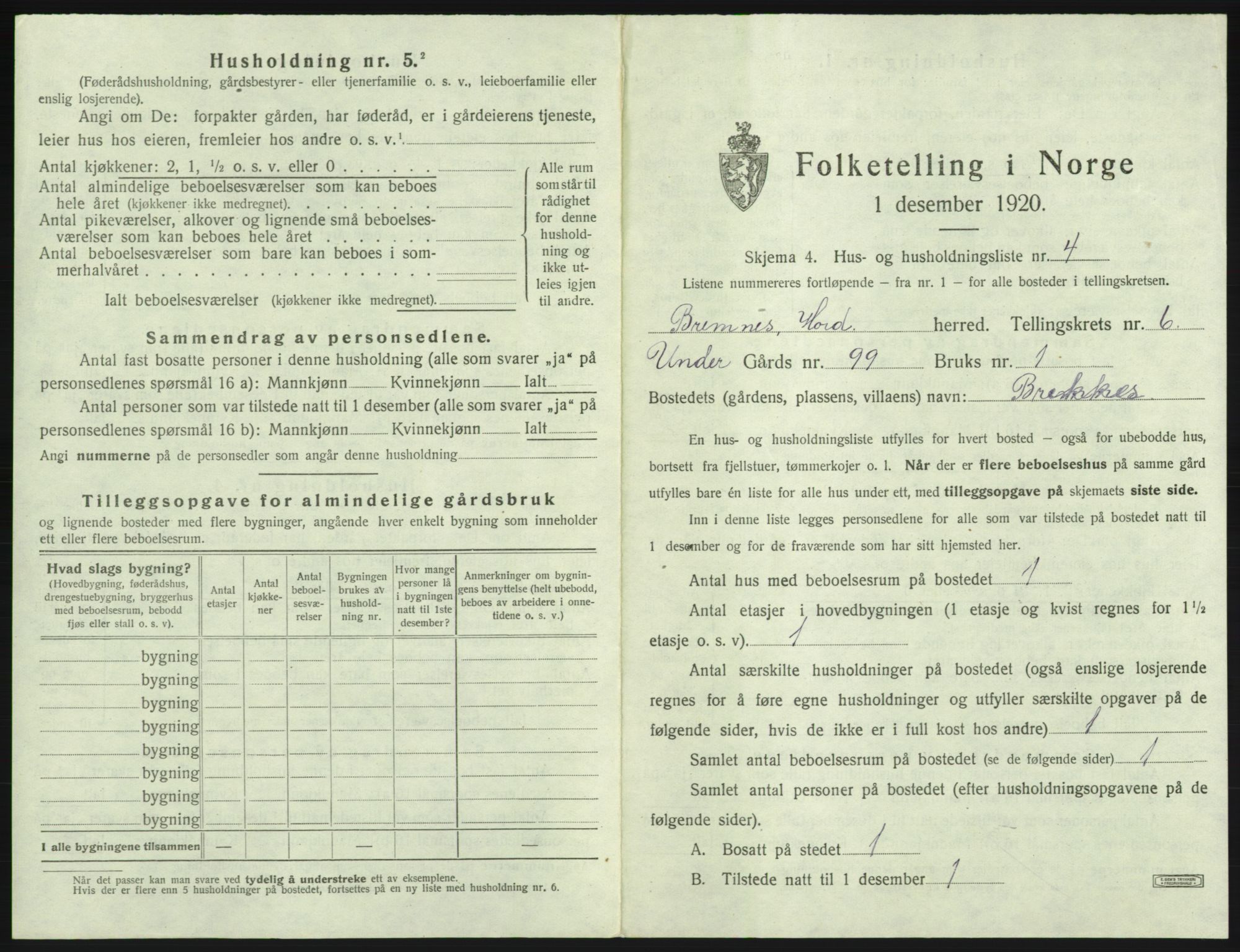 SAB, 1920 census for Bremnes, 1920, p. 368