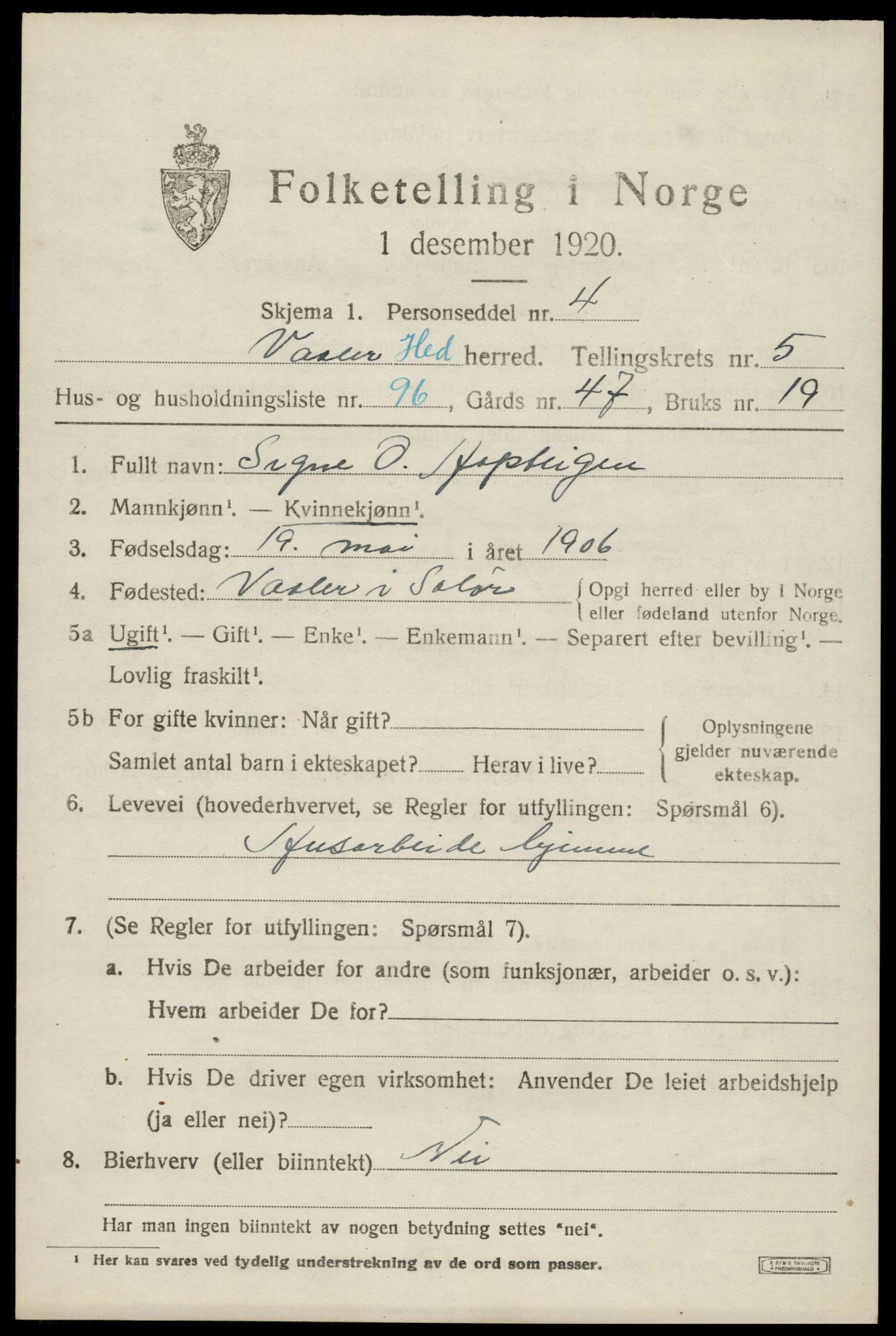 SAH, 1920 census for Våler (Hedmark), 1920, p. 6613