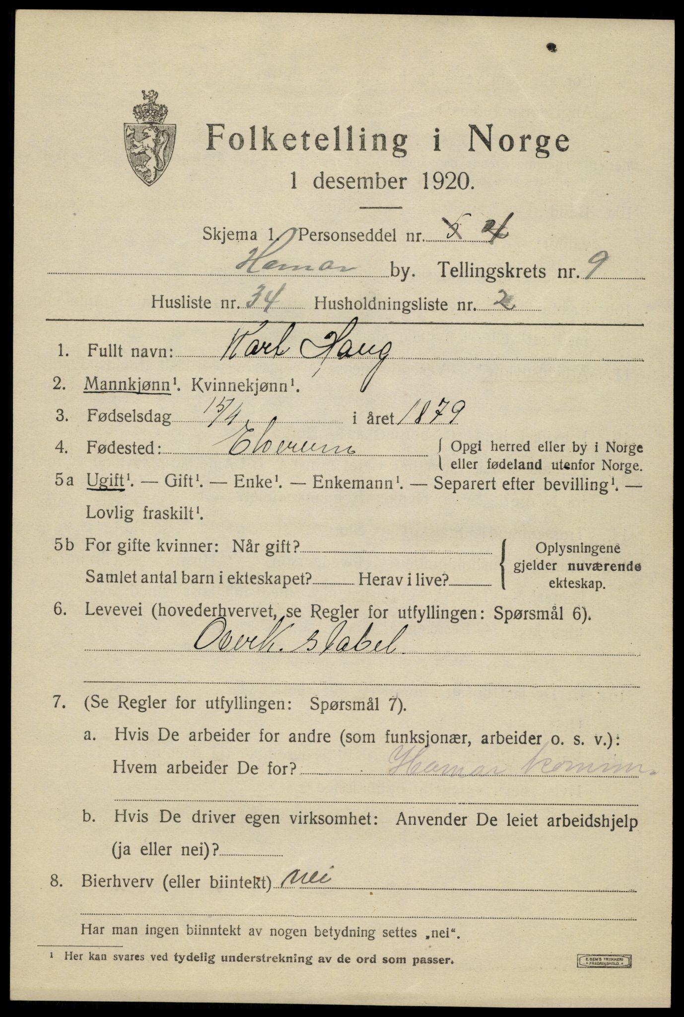 SAH, 1920 census for Hamar, 1920, p. 16817