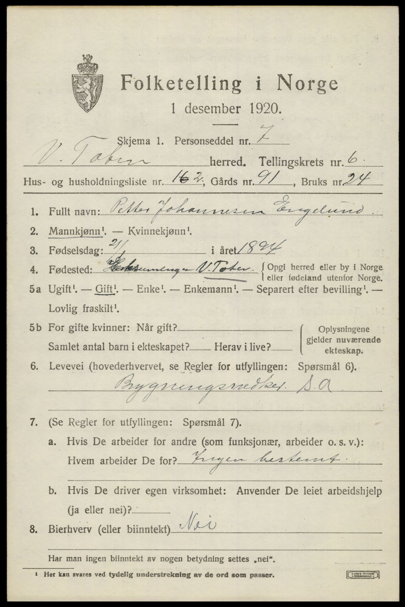 SAH, 1920 census for Vestre Toten, 1920, p. 8196