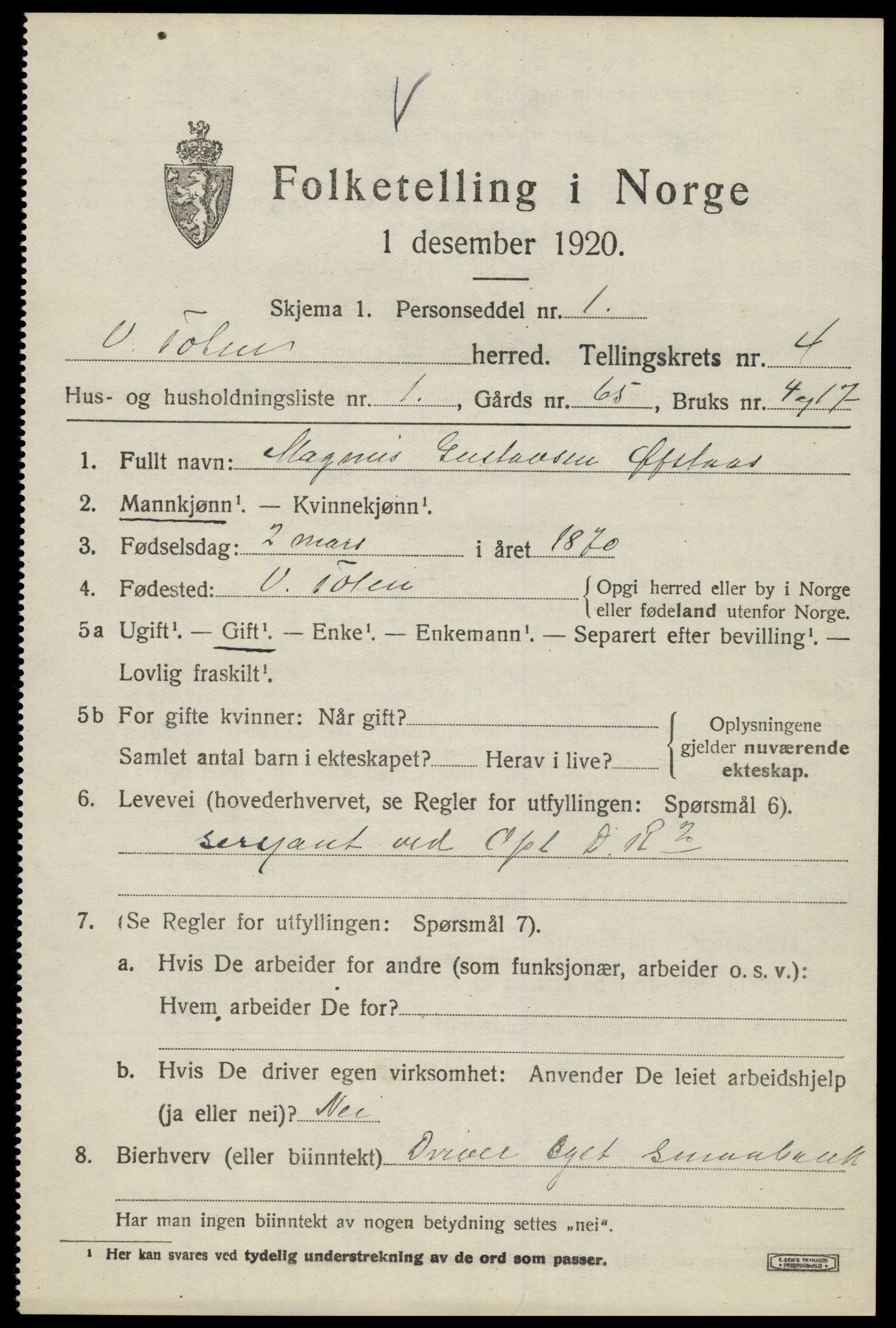SAH, 1920 census for Vestre Toten, 1920, p. 5550