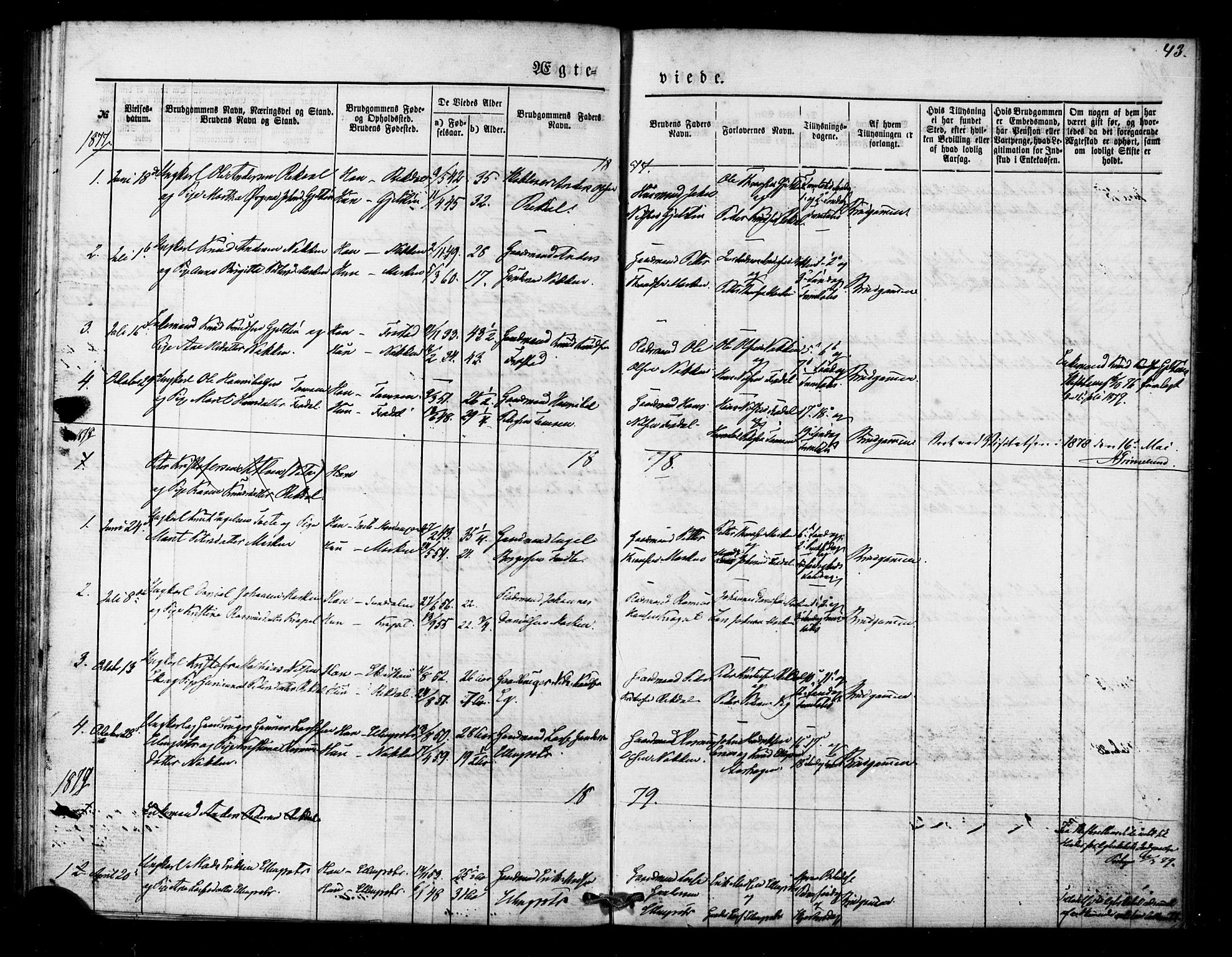 Ministerialprotokoller, klokkerbøker og fødselsregistre - Møre og Romsdal, AV/SAT-A-1454/540/L0540: Parish register (official) no. 540A01, 1872-1883, p. 43