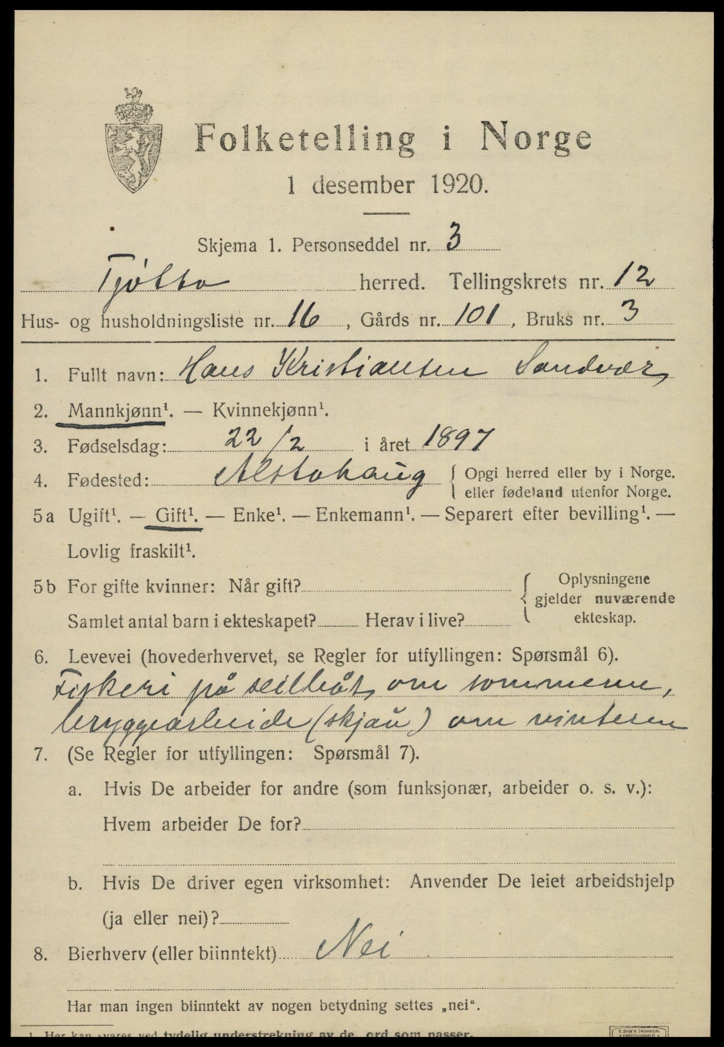 SAT, 1920 census for Tjøtta, 1920, p. 4943