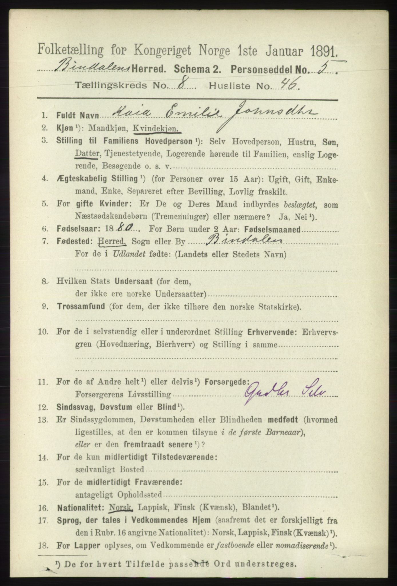 RA, 1891 census for 1811 Bindal, 1891, p. 2914