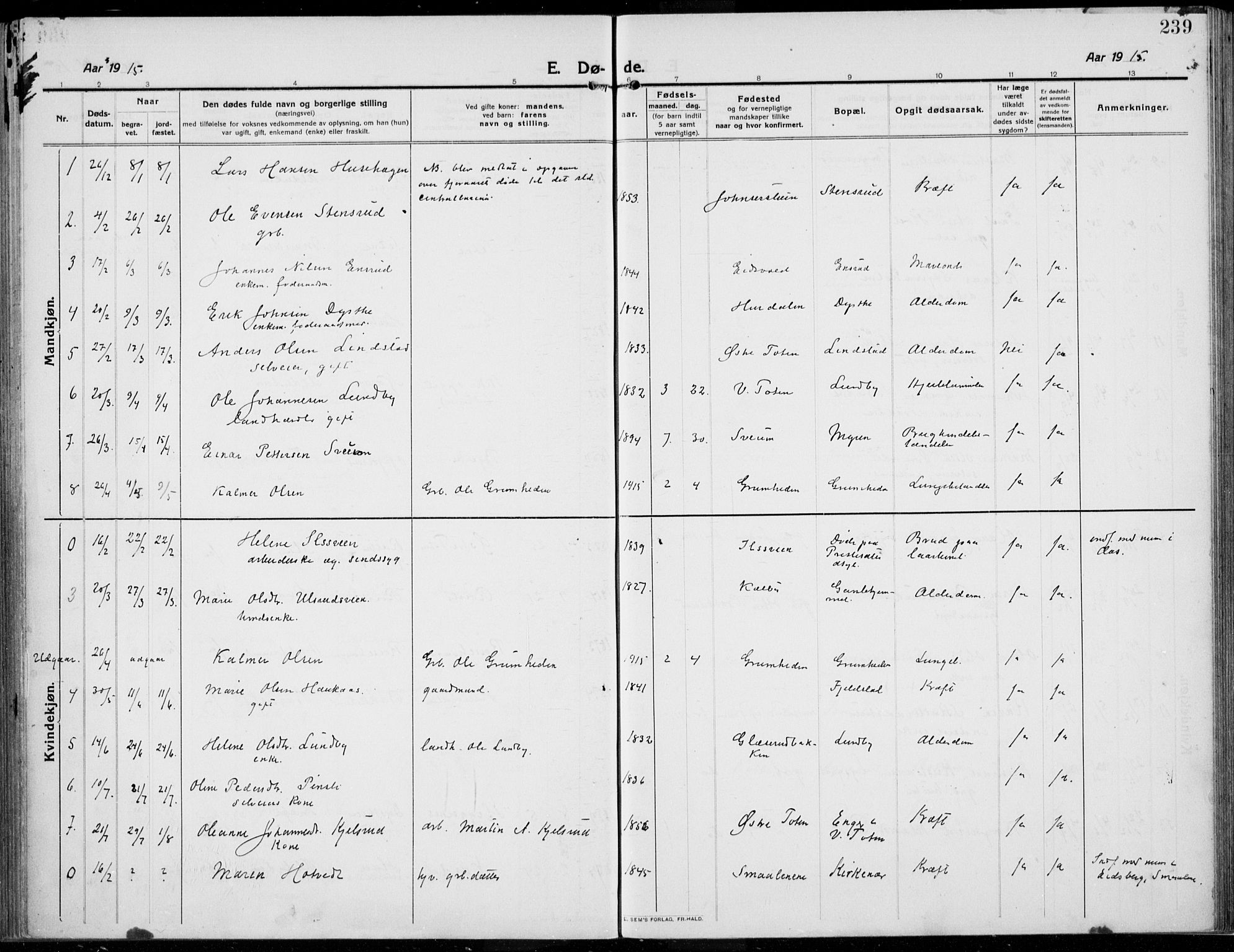 Kolbu prestekontor, SAH/PREST-110/H/Ha/Haa/L0002: Parish register (official) no. 2, 1912-1926, p. 239