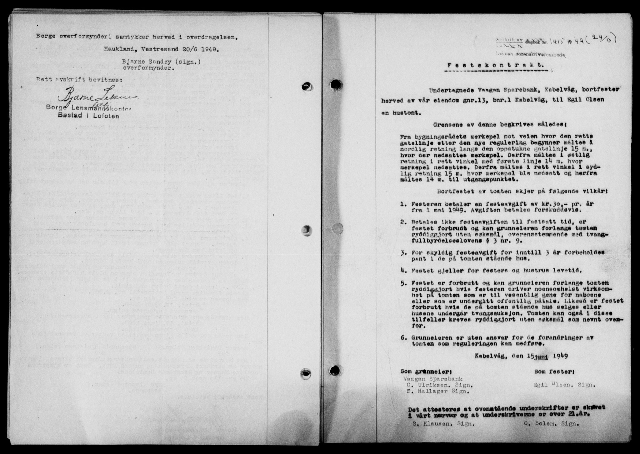 Lofoten sorenskriveri, SAT/A-0017/1/2/2C/L0021a: Mortgage book no. 21a, 1949-1949, Diary no: : 1415/1949