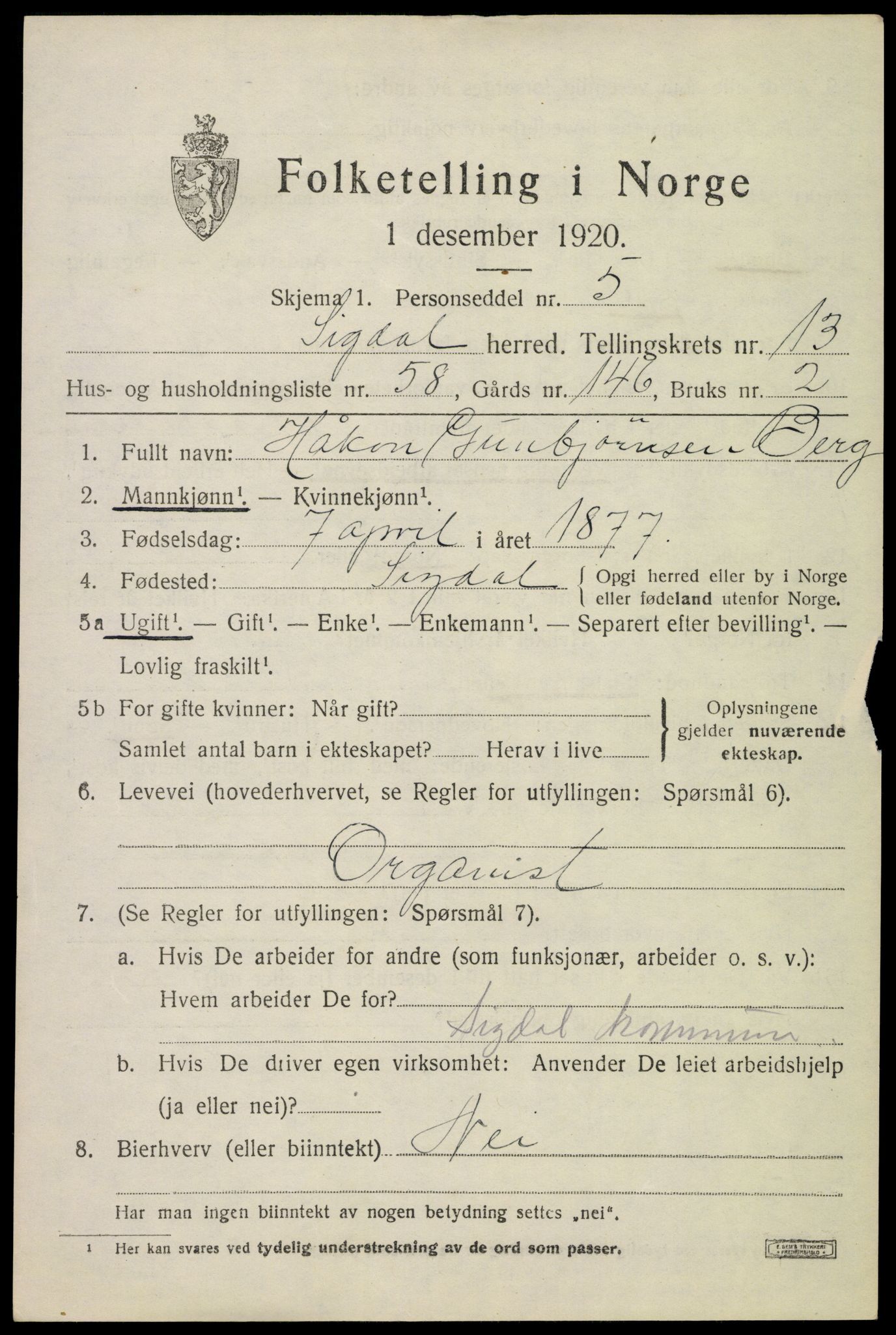 SAKO, 1920 census for Sigdal, 1920, p. 8648