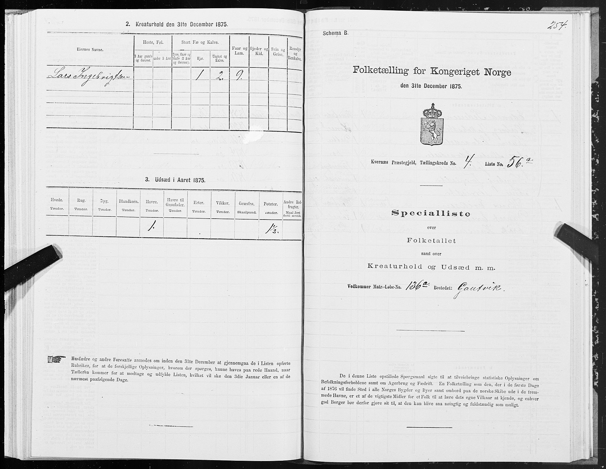 SAT, 1875 census for 1553P Kvernes, 1875, p. 2254