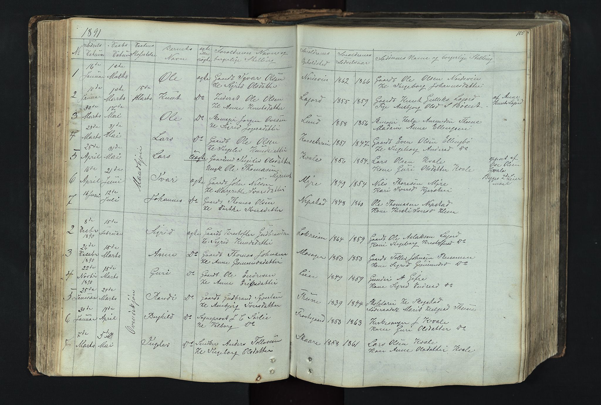 Vang prestekontor, Valdres, SAH/PREST-140/H/Hb/L0004: Parish register (copy) no. 4, 1835-1892, p. 105