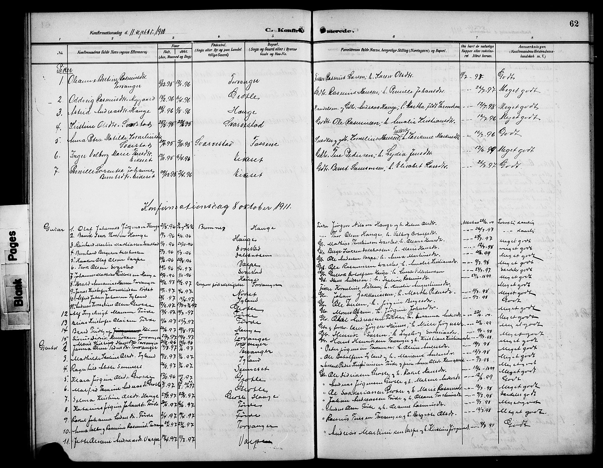 Bremanger sokneprestembete, AV/SAB-A-82201/H/Hab/Habc/L0001: Parish register (copy) no. C 1, 1908-1919, p. 62