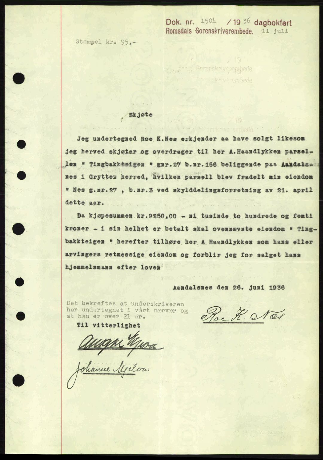 Romsdal sorenskriveri, AV/SAT-A-4149/1/2/2C: Mortgage book no. A1, 1936-1936, Diary no: : 1504/1936