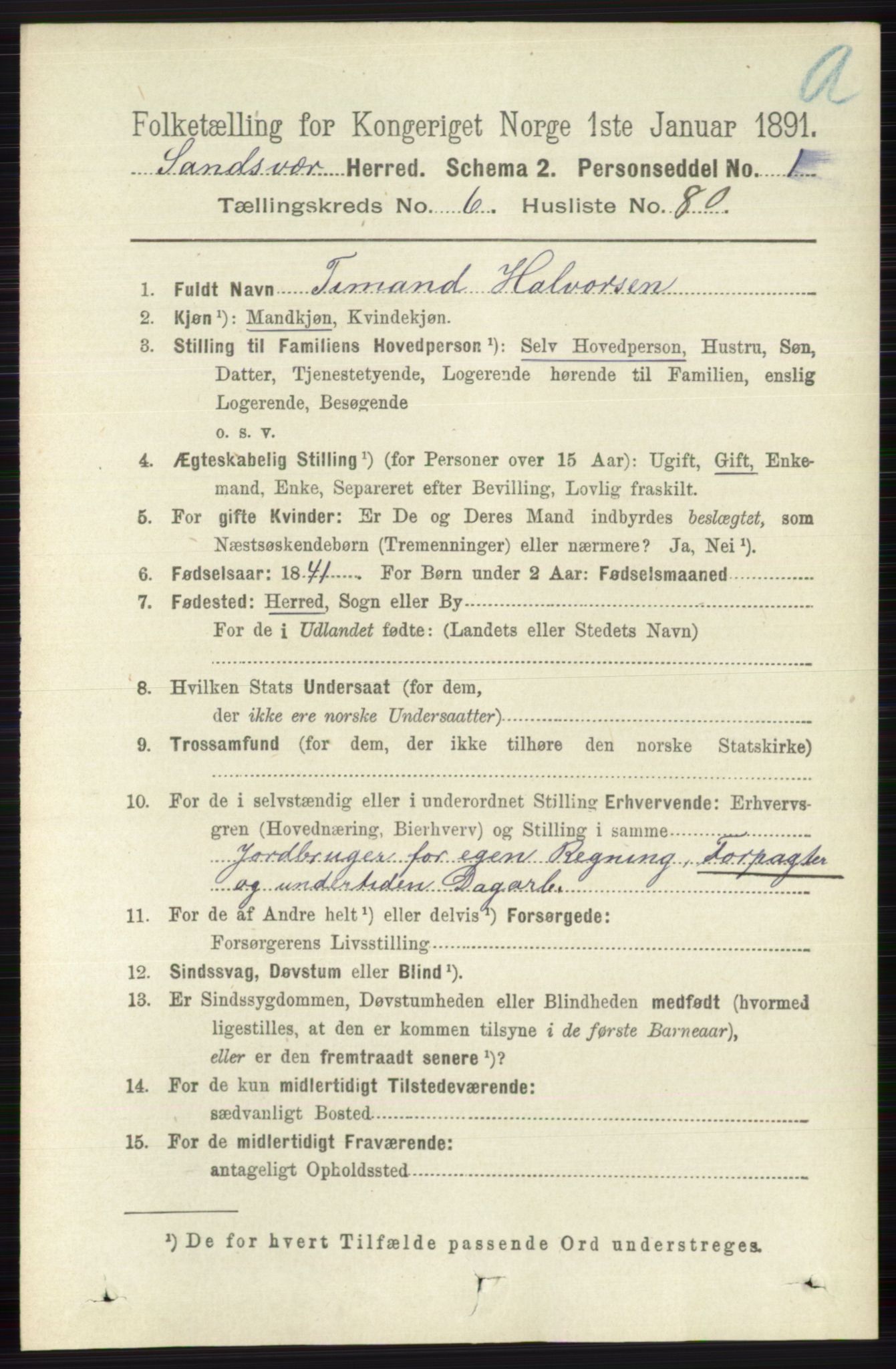 RA, 1891 census for 0629 Sandsvær, 1891, p. 3909