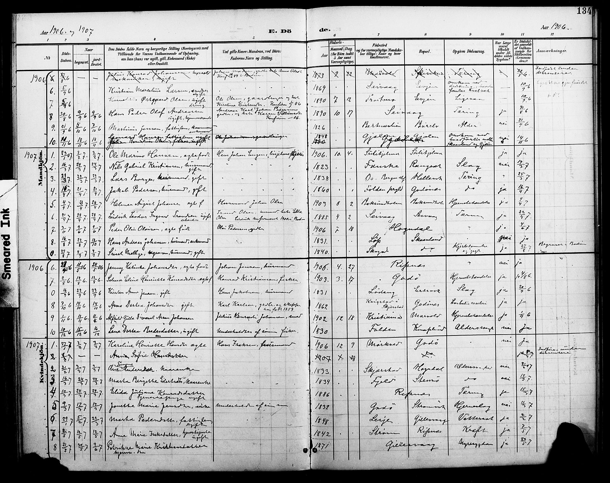 Ministerialprotokoller, klokkerbøker og fødselsregistre - Nordland, SAT/A-1459/804/L0088: Parish register (copy) no. 804C01, 1901-1917, p. 134