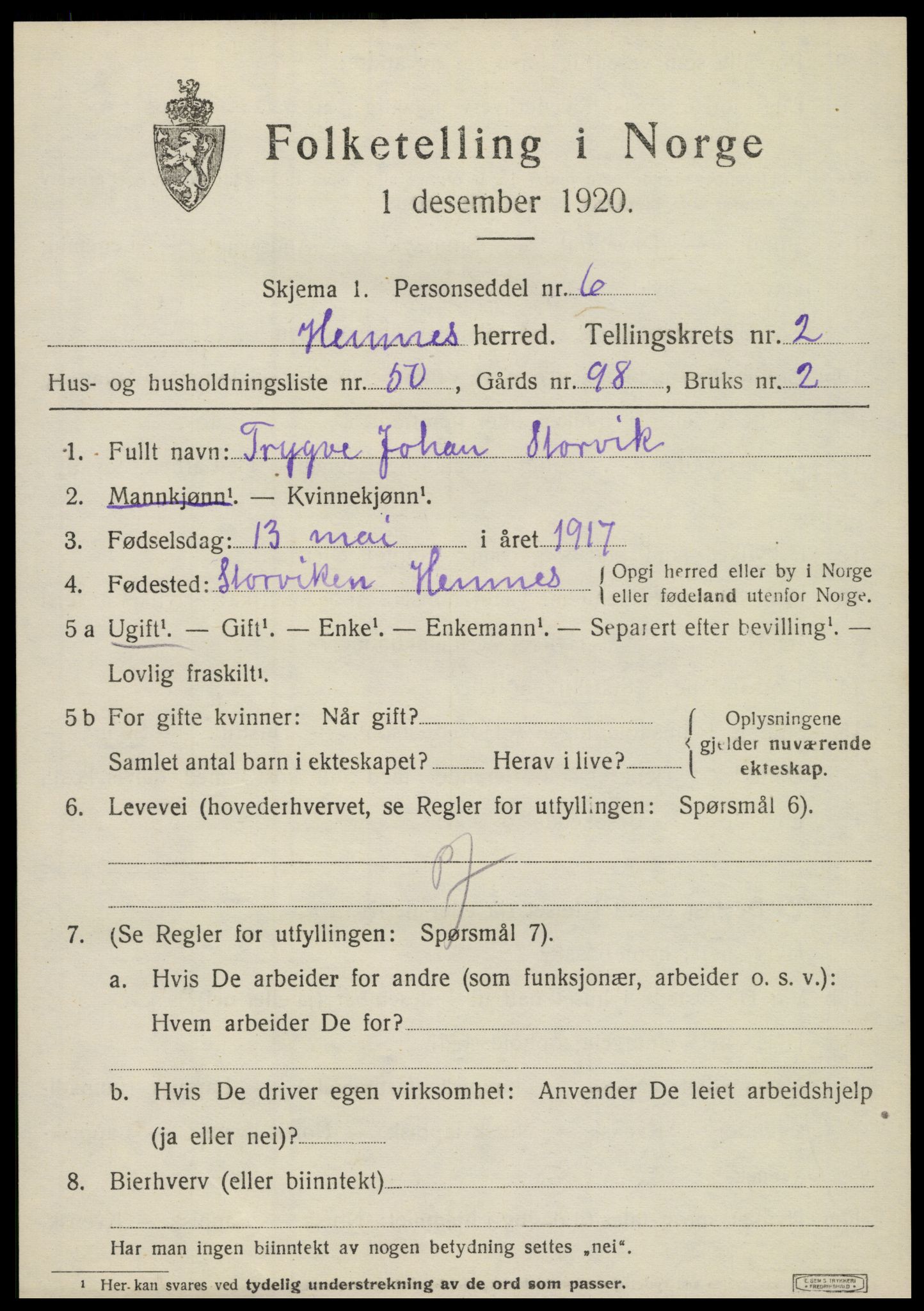 SAT, 1920 census for Hemnes, 1920, p. 4402