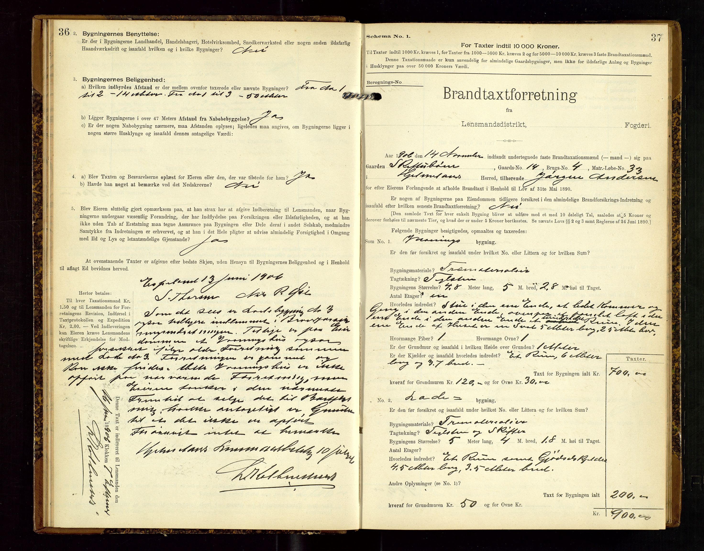 Hjelmeland lensmannskontor, AV/SAST-A-100439/Gob/L0002: "Brandtaxationsprotokol", 1904-1920, p. 36-37
