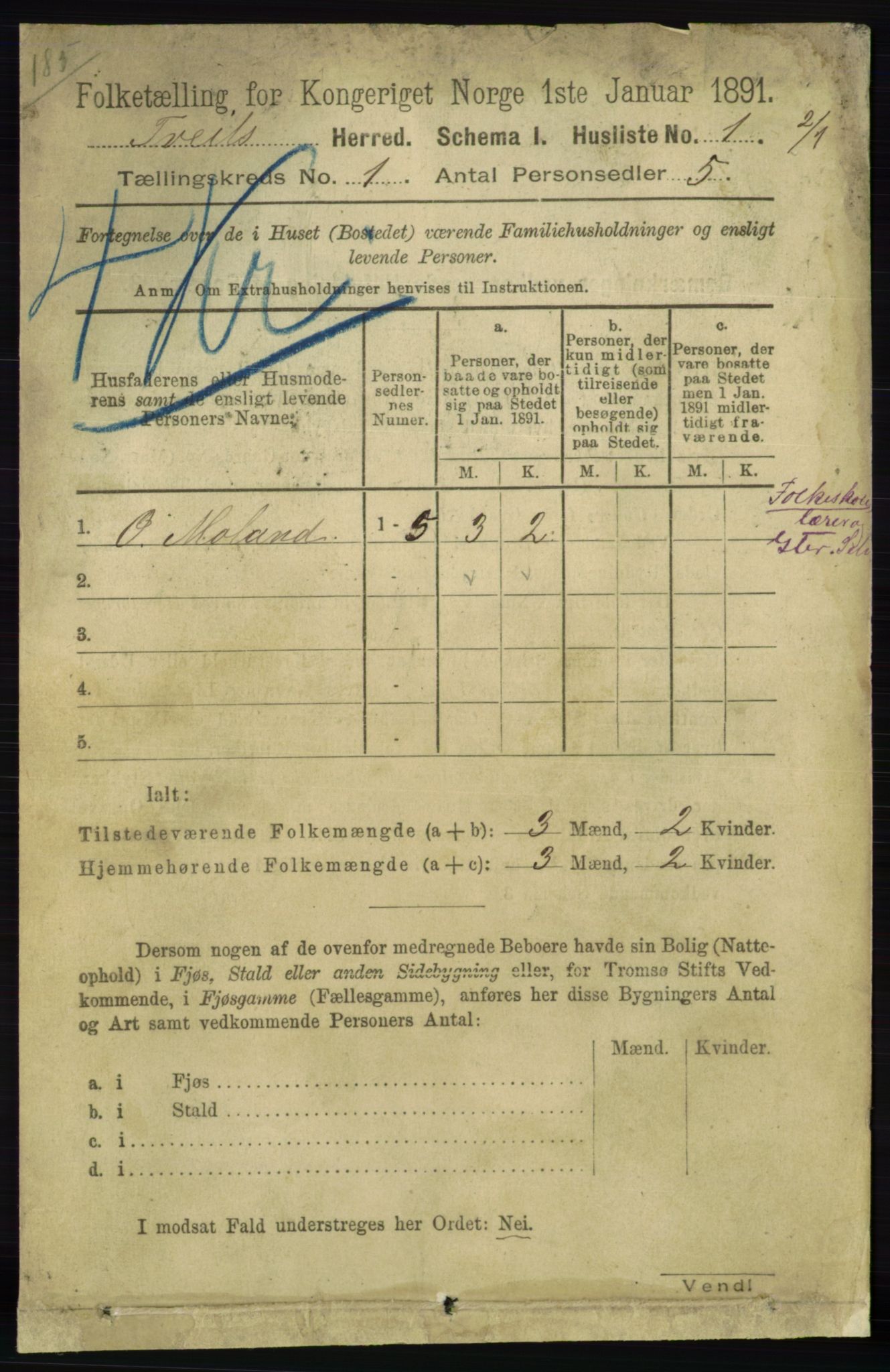 RA, 1891 census for 1013 Tveit, 1891, p. 15